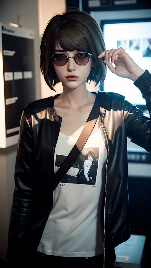 Maxine Caulfield from Life Is Strange, wearing shades eyewear, holding polaroid camera, designer clothes, dark lipstick, dark eyeline makeup, slender arms, detailed body, darkroom, alone.