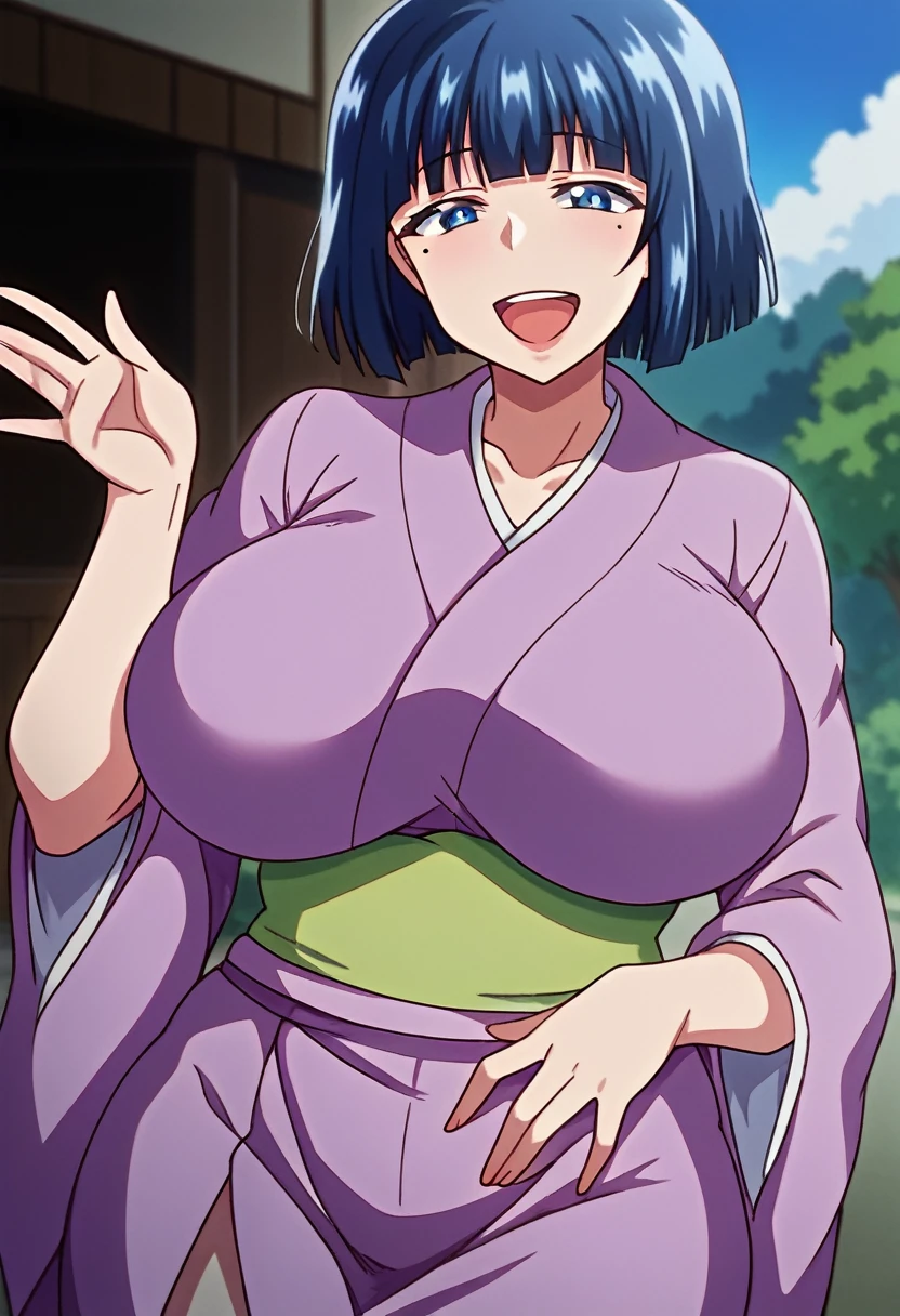 score_9,score_7_up, BREAK source_anime, Yayoi_t, 1girl, solo,blue hair, short hair, blue eyes,mole under eye,purple kimono,obi,huge breasts, cowboy shot, open mouth, smile, outdoors