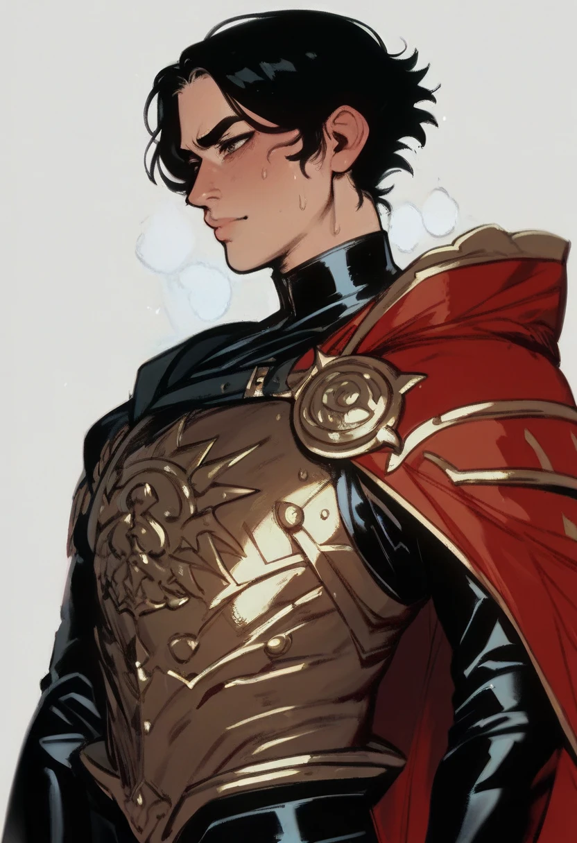 Appearance: Kirimist is a tall, slender young man with black hair and brown eyes. He wears black leather armor with gold accents and a red cape. He also carries a long sword strapped to his back, 8k high definition