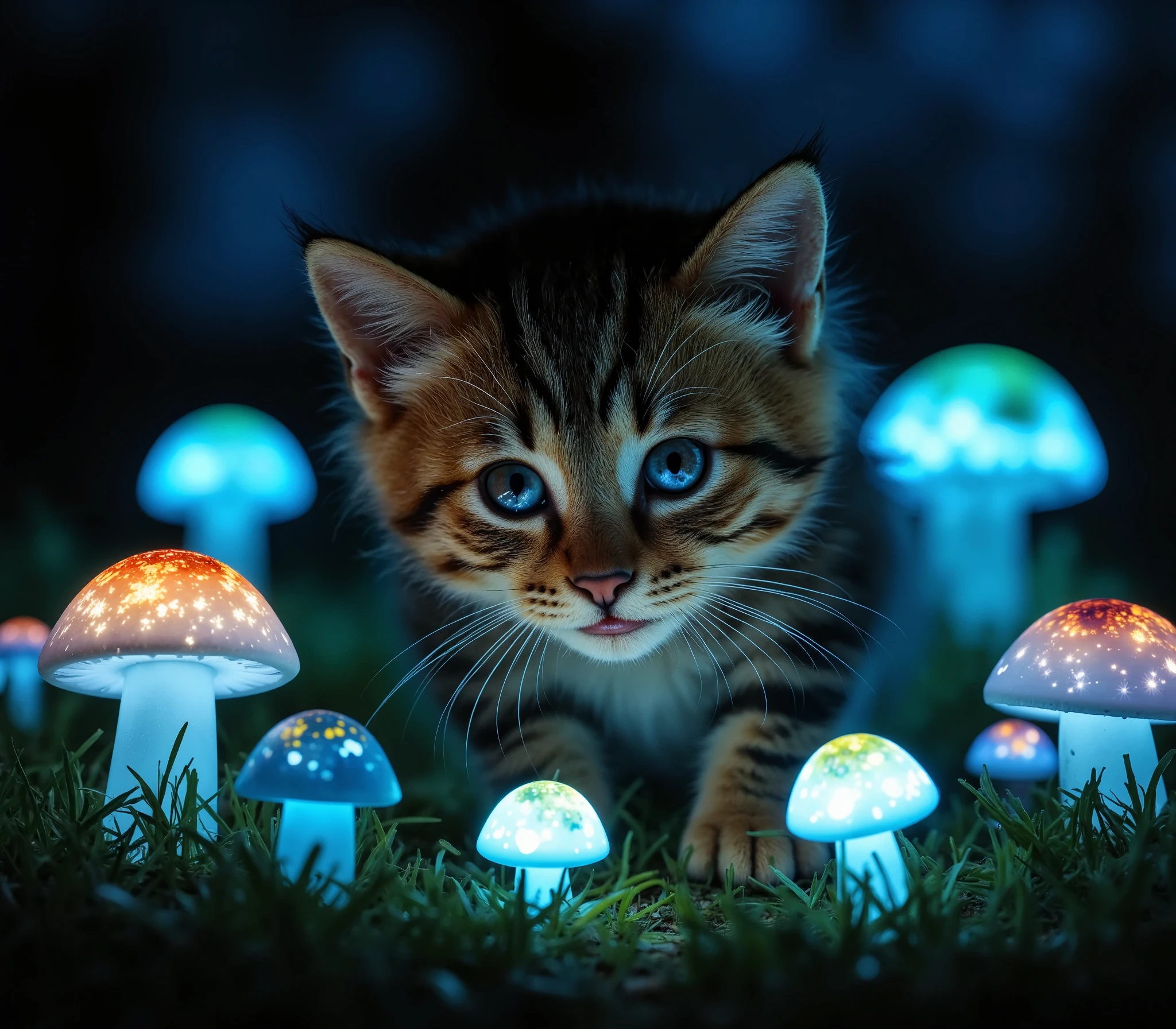 a kitten eating glowing magic mushrooms. glowing mushroom field, colorful