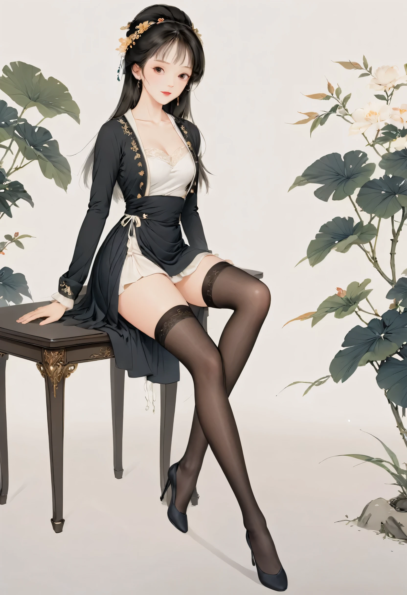 8k, masterpiece, best quality, 2D, ( Traditional Chinese Ink Painting :0.2), black pantyhose, The black pantyhose on the legs are exposed,Long Legs, Seductive Postures, Sexy pose, Very beautiful slender legs , Juicy legs, Wear a skirt, Long, thin legs , Beautiful legs, Cute and elegant pose, sexy look, Very beautiful slender legs, Korean Girl, good hips and Long Legs,Hair with bangs,Breast fullness,young body