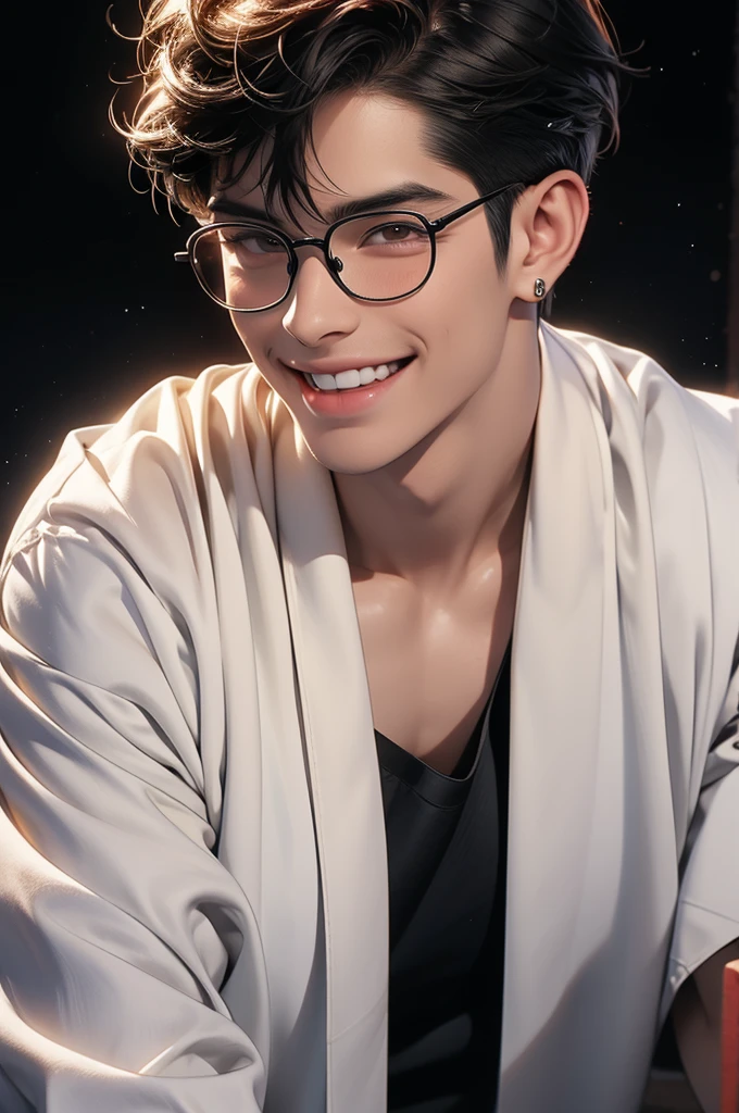 A male doctor ,  high resolution ,  Watching the Audience , short hair, black hair, bangs, 分開的bangs, Shut up, Smile,  simple background,  rimless glasses in the lower half,  Anime Style, light brown eyes