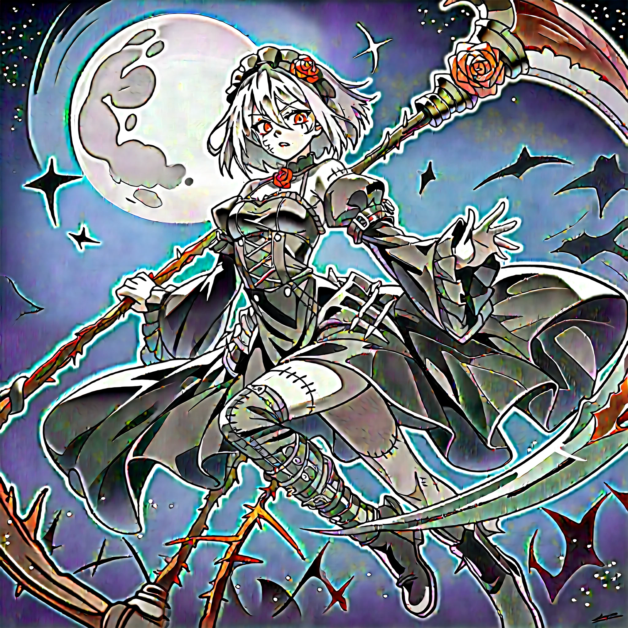 anime girl, solo, 4k absurdres, illustration, yugioh artstyle, glowing outline, gothic ****ta, black clothing, pale skin, white hair, red eyes, dynamic pose, rose scythe,scythe on back, thorn handle, dark void background,moon,patchwork styling