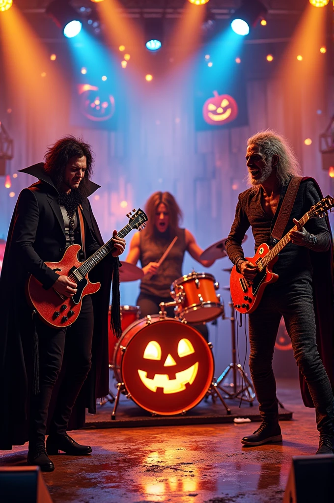 4 guitarists and 1 drummer playing rock dressed up for Halloween at a ...