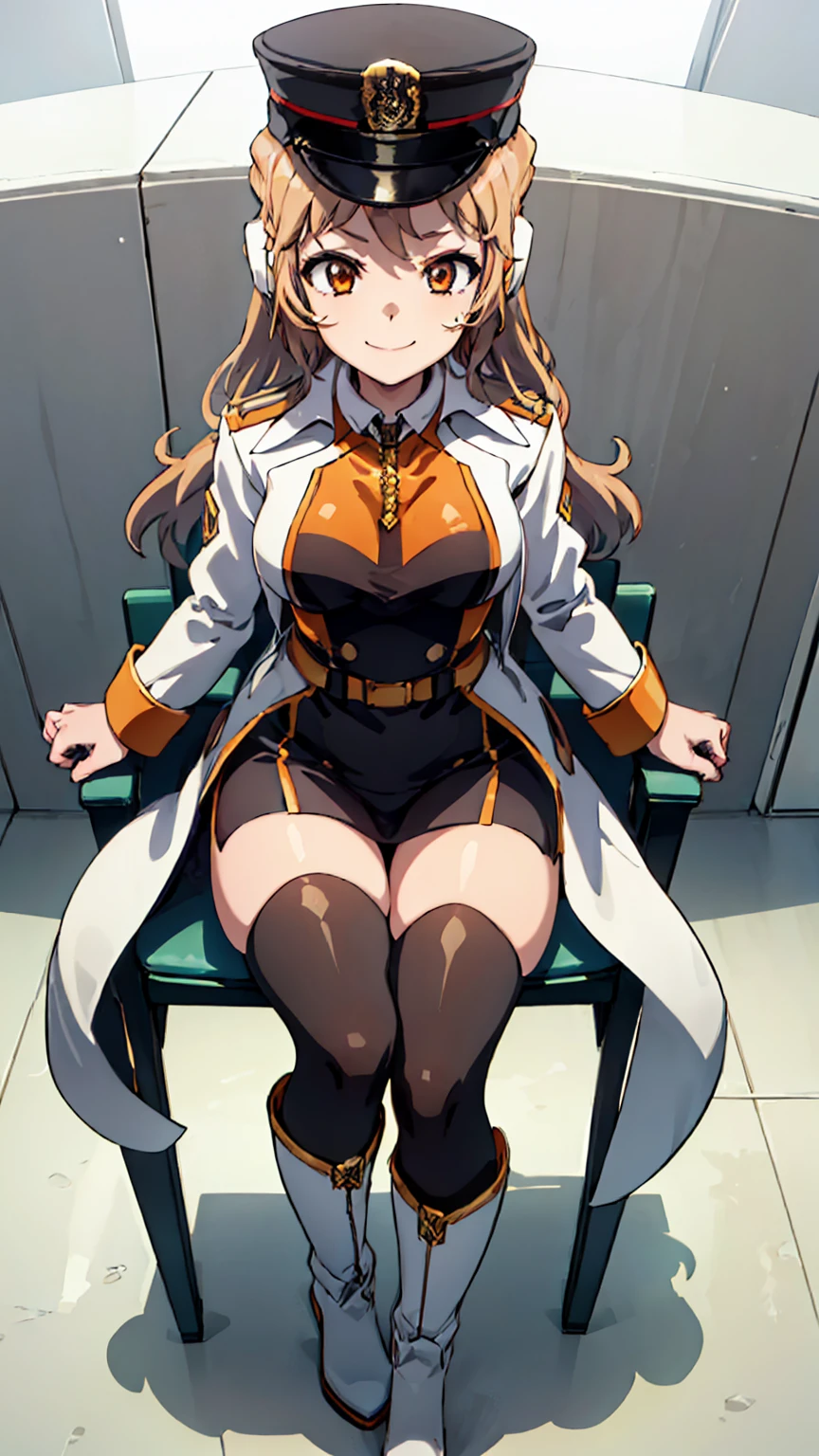 1 Female, (  very detailed CG), ( best quality ),  1 girl ,  perfect face,   shiny skin,  shiny skin,  wide hips ,  Thin Waist,  smile, long hair, gold and white coat , JEWELRY, gold and black uniform,Military hat,Thick thighs,White boots, sit on a chair
