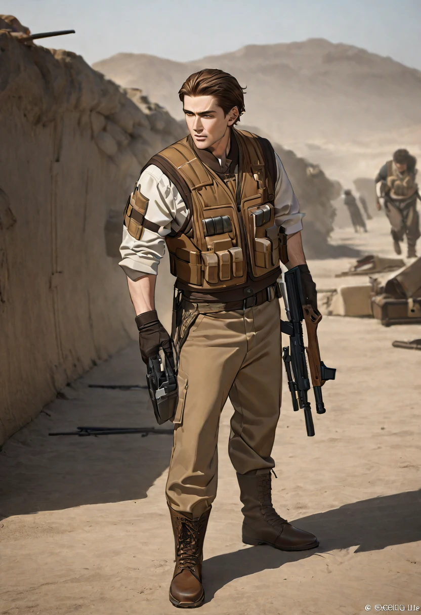 Appearance: Nate Drake is a man of average height with brown hair and blue eyes. In his adventurer's attire, he wears a white short-sleeved shirt, a brown leather jacket, khaki pants, and leather boots. For combat, he can wear a tactical vest and equip himself with firearms and other tools, 8k high definition