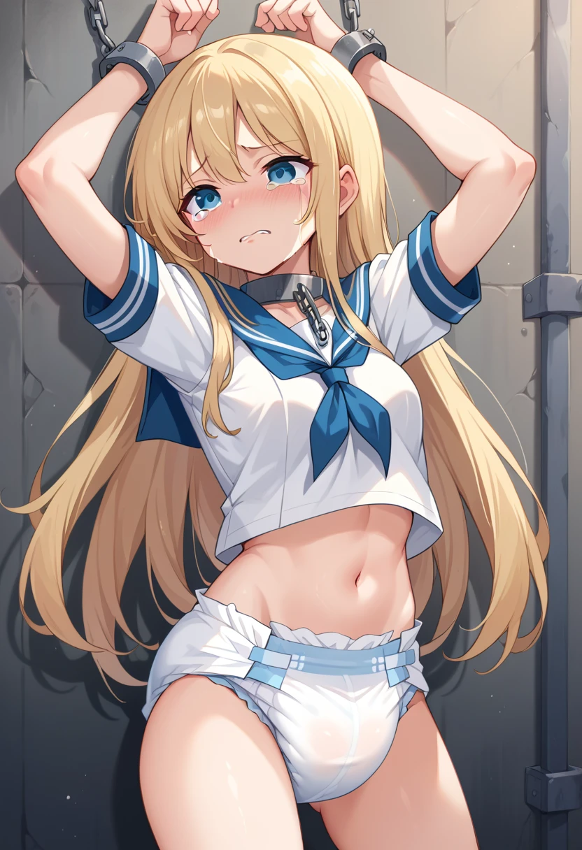 Beautiful long blonde　Girl in sailor suit　  Navy Blue Miniskirt 　whole body　diaper　 crouches with her crotch open　 cowboy shot　Chained handcuffs　((Teary-eyed))　Underground Prison　 metal collars in prison