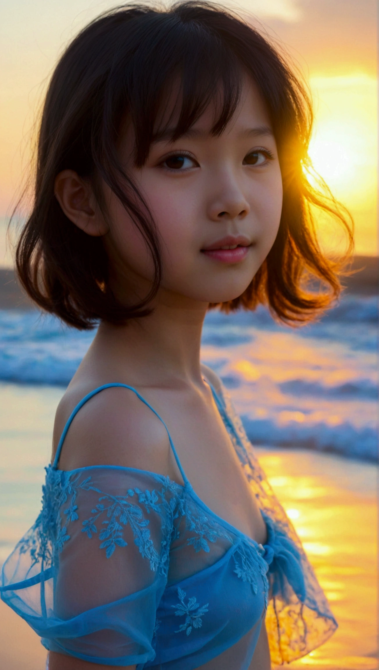 Prettiest asian girl, the cutest girl, sweet girl on the beach at sunset, age 7 with small-budding breast, wear light-blue sheer fabric shirt that show off her beautiful body, sheer fabric, translucent clothes, relaxing, pale skin, juveniles physique, charming adolescents girl,  full-body, from the front, showing her belly