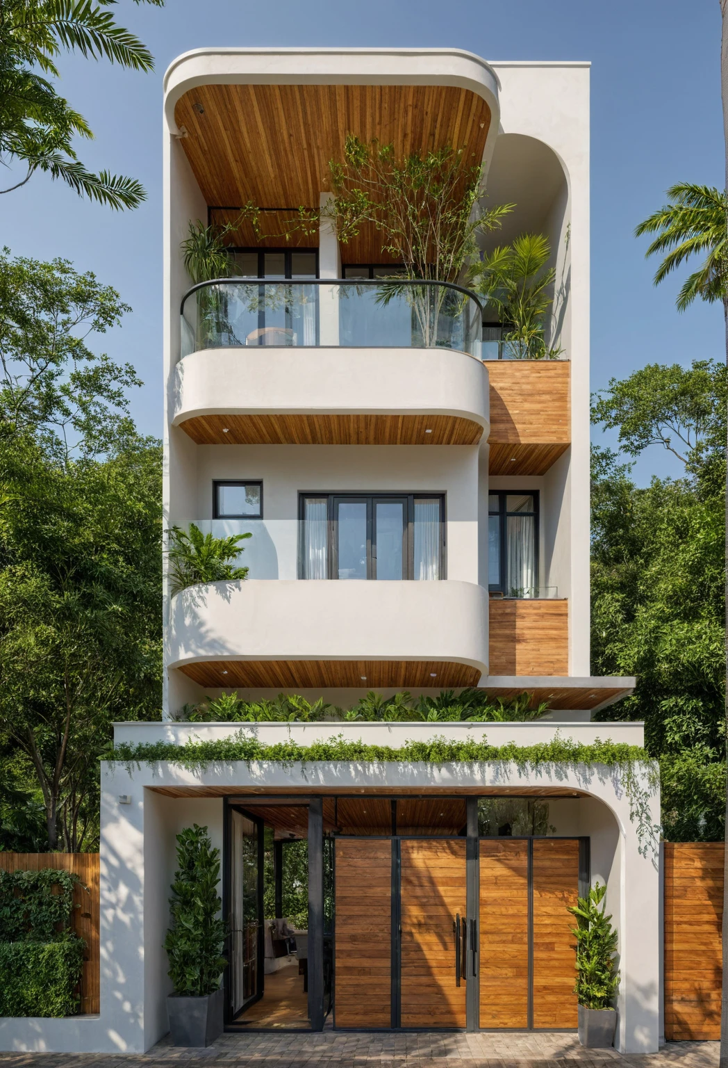 The tall and narrow 3-storey house is modernly designed, with steel gates and wooden details. The outside is painted white, the front wall has many curves. The house has windows on all sides and (wooden and iron ceilings: 1,2). Materials include black steel and wood. The third floor has trees growing on the middle columns, surrounded by tropical vegetation. The scene was shot from a 24mm angle perspective, with soft, natural lighting highlighting textures and materials, creating soft shadows that highlight the curves of the front wall and wooden details.