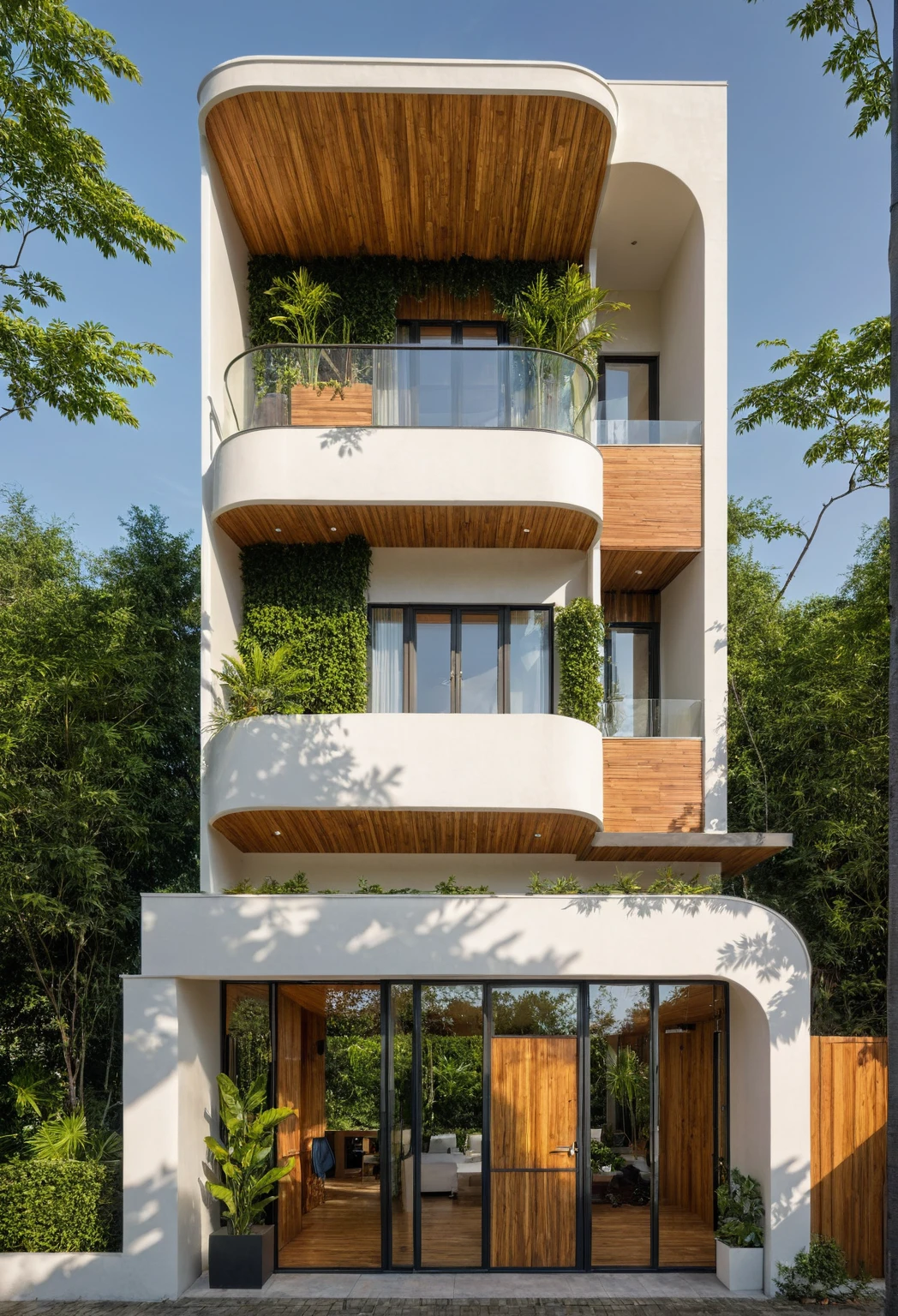 The tall and narrow 3-storey house is modernly designed, with steel gates and wooden details. The outside is painted white, the front wall has many curves. The house has windows on all sides and (wooden and iron ceilings: 1,2). Materials include black steel and wood. The third floor has trees growing on the middle columns, surrounded by tropical vegetation. The scene was shot from a 24mm angle perspective, with soft, natural lighting highlighting textures and materials, creating soft shadows that highlight the curves of the front wall and wooden details.