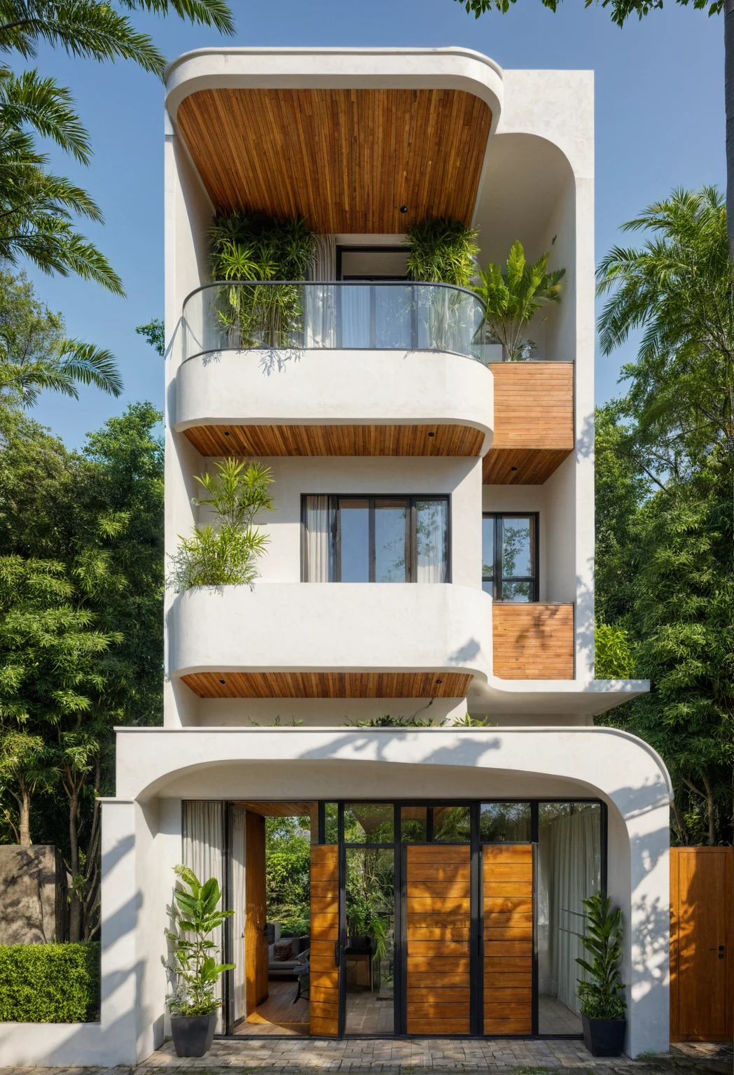 The tall and narrow 3-storey house is modernly designed, with steel gates and wooden details. The outside is painted white, the front wall has many curves. The house has windows on all sides and (wooden and iron ceilings: 1,2). Materials include black steel and wood. The third floor has trees growing on the middle columns, surrounded by tropical vegetation. The scene was shot from a 24mm angle perspective, with soft, natural lighting highlighting textures and materials, creating soft shadows that highlight the curves of the front wall and wooden details.