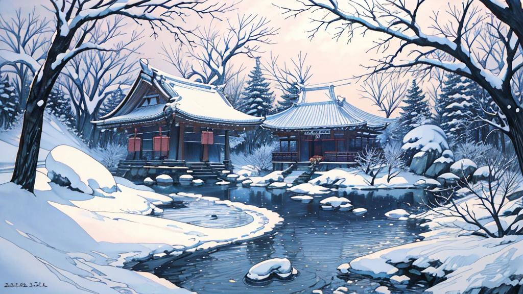 (masterpiece:1.2),  best quality , Pixiv,  Kampala, Super detailed,  Draws Only Scenery Without People （1.7） No Humans Appear , Humans not included,
 First visit of the Japan、The grounds of a huge shrine 、Izumo Taisha Shrine、 Sacred Atmosphere 、Stinging Cold Air 、 Snow Is Falling 、
 Beautiful Light of the Spirit of the Rising Sun Shines In 、 natural beauty, amazing magic, snow makeup leaves, snow piles up, forest, light effects, mysterious atmosphere, shadow composition, otherworldly experience