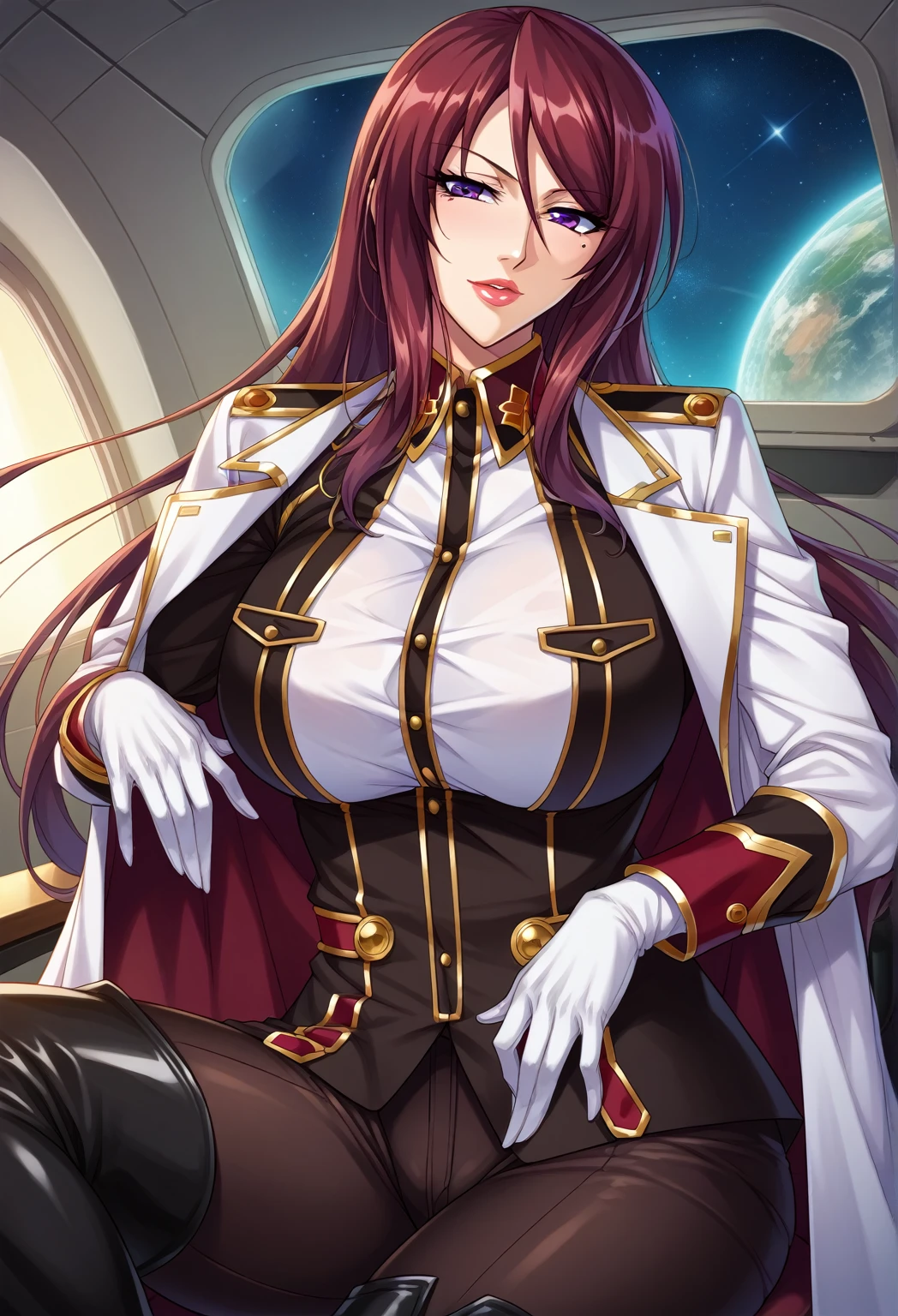 score_9, score_8_up, score_7_up, score_6_up, uncensored,  BREAK,
Kila Kushan, cowboy shot,  Beatrice Kushan, mature female, 1girl,
long hair, purple eyes, lipstick, lips, mole under eye
military uniform, brown pants, thigh boots, white gloves, white coat,
1girl solo,looking at viewer, red hair, long hair, lips, violet eyes, 
military uniform,curvy, large breasts, thighs, indoors, windows, space,  stars, spaceship, sitting, chair,