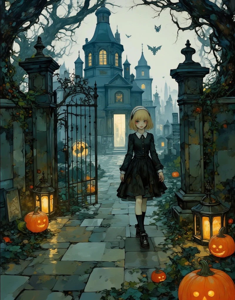 painting of a cute girl walking to camera, she look at me, aesthetic girl,  digital painting of halloween, elegant , in a oil painting style, in a painting of a yellow short bob cut hair girl, high quality digital painting, elegant digital painting, cute portrait, painting of a girl, painting of beautiful,digital art oil painting, ,,,,A mysterious, fog-covered graveyard on Halloween night. The gravestones are old and crumbling, some covered in vines, while ghostly figures float just above her, their forms flickering in the moonlight. A tall, ornate wrought-iron gate swings open by her with a creak, leading to a path lit by glowing pumpkins and skull-shaped lanterns. In the center of the graveyard, a large crypt looms, its door slightly ajar, with a faint, eerie glow emanating from inside. Bats fly overhead, casting shadows on the mist as an owl hoots in the distance