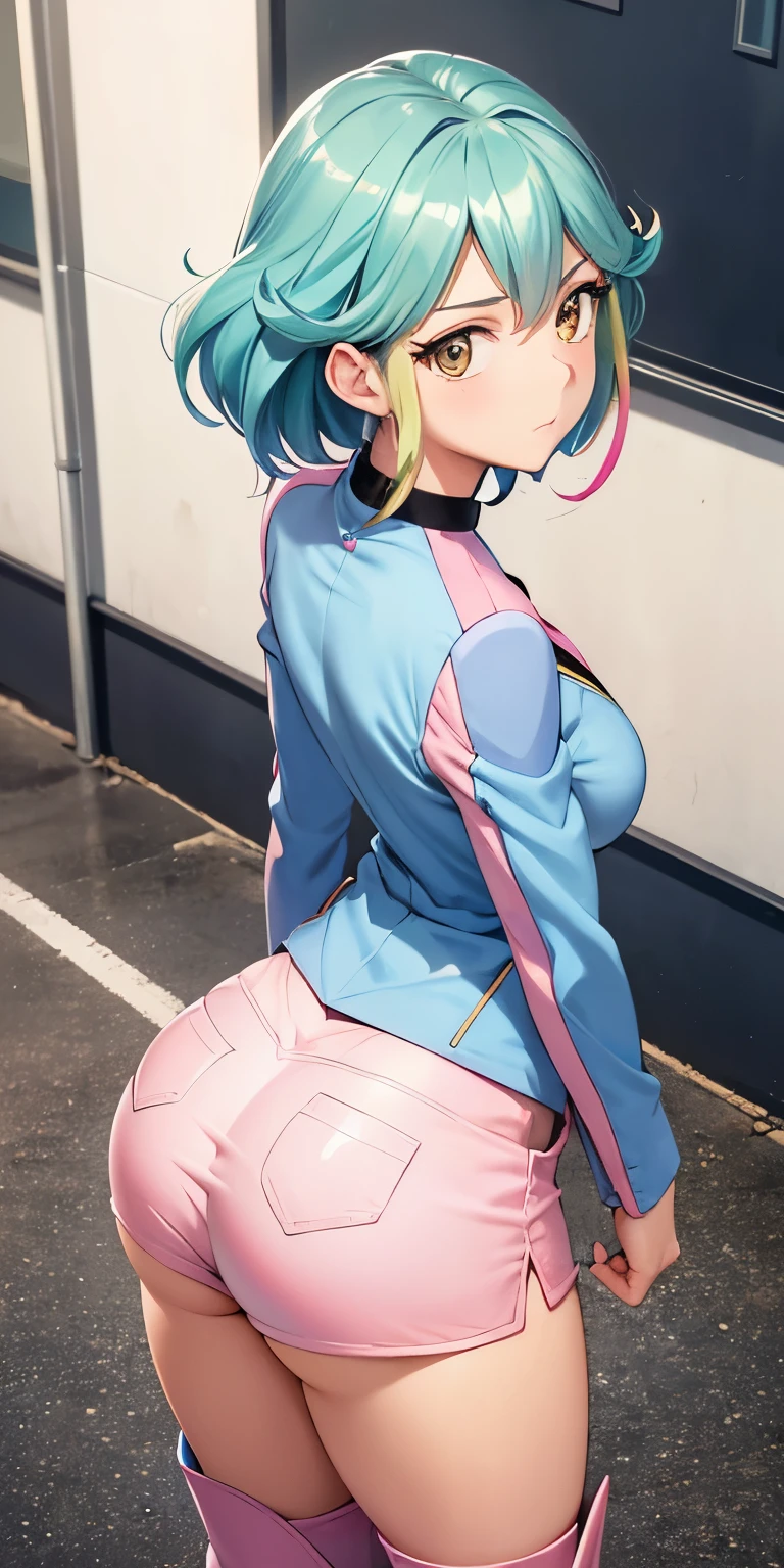 1 Female,High definition,high resolution,Ultra-realistic,8K, rin_arc_v,blue jacket,long sleeves,black choker,(pink shorts),(white boots), multicolored hair,yellow eyes,European,sexy,Upper body close-up,Photographed from the front,Dynamic Angles,private teacher,blush, (small tits), pretty  ,(pov , closed shot:1.3),from behind,huge ass,((show ass))