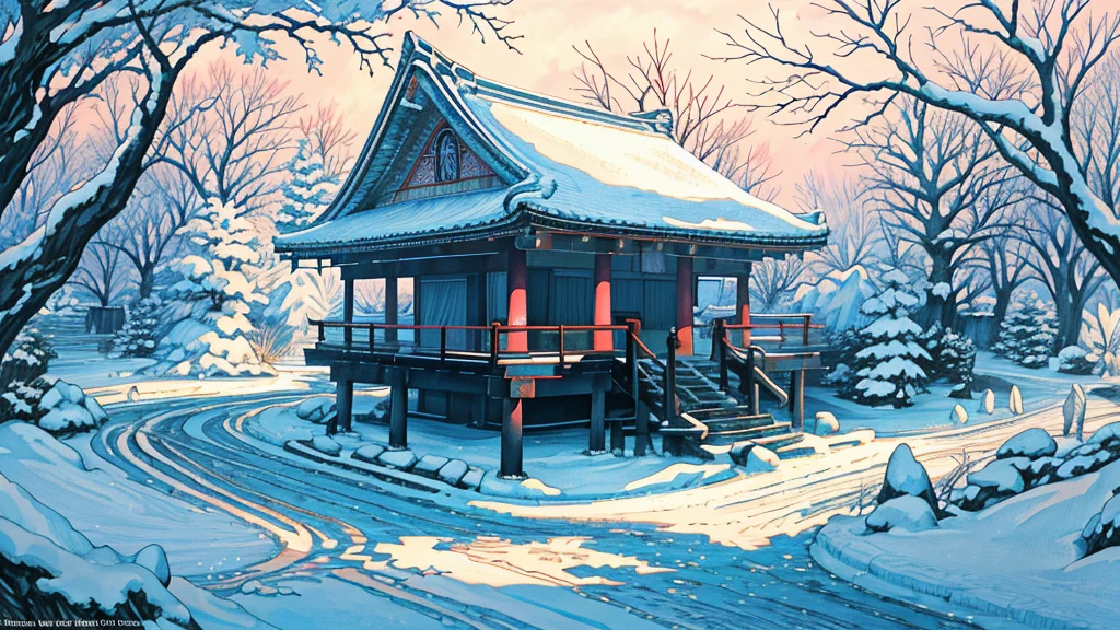 (masterpiece:1.2),  best quality , Pixiv,  Kampala, Super detailed,  Draws Only Scenery Without People （1.7） No Humans Appear , Humans not included,
 First visit of the Japan、 The grounds of a huge shrine、 Visit Izumo Taisha 、Visit Ise Jingu Shrine 、 Sacred Atmosphere 、Stinging Cold Air 、 Snow Is Falling 、
 Beautiful Light of the Spirit of the Rising Sun Shines In 、 Natural Beauty Surprising Magical Snow Makeup Leaves Forest Light Effects Mysterious Atmosphere Shadow Composition Otherworldly Experience