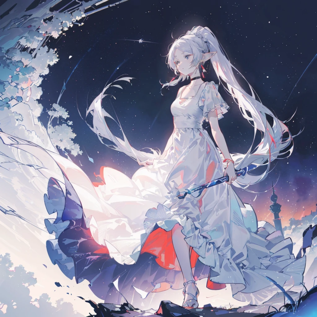 against the backdrop of the night city( red neon colors, haze in the sky, dyson_sphere in the sky ), young woman ((FrierenDress, long hair, ponytail, earrings, white choker, white dress, short sleeves), (magic in hand, ( blue light)))