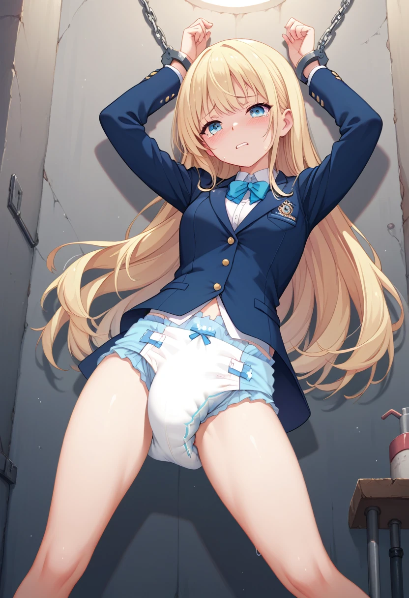 Beautiful long blonde　 girl wearing a navy blue blazer 　  navy blue miniskirt　 Long Sleeve 　whole body　diaper　 crouches with her crotch open　 cowboy shot　Chained handcuffs　((Teary-eyed))　Underground Prison