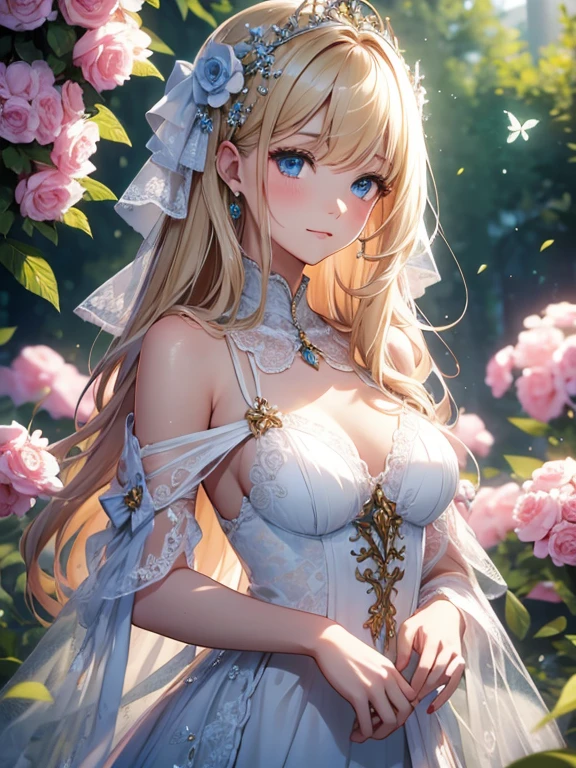 wedding dress,bride,waiting for love,beautiful detailed eyes,beautiful detailed lips,extremely detailed eyes and face,long eyelashes,fairy tale atmosphere,soft lighting,romantic mood,stunning background,flowers,dreamy colors,emotional expression,romantic pose,blurred background,shimmering veil,delicate lace,sparkling tiara,elegant hairstyle,vintage decor,vintage furniture,ethereal atmosphere,gentle breeze,whispering trees,lovely smile,anticipation,heartfelt emotions,gentle and loving,graceful movements,soft and gentle touch,warm and tender moment,romantic atmosphere,photorealistic masterpiece,highest quality 4k resolution,studio lighting,vivid colors