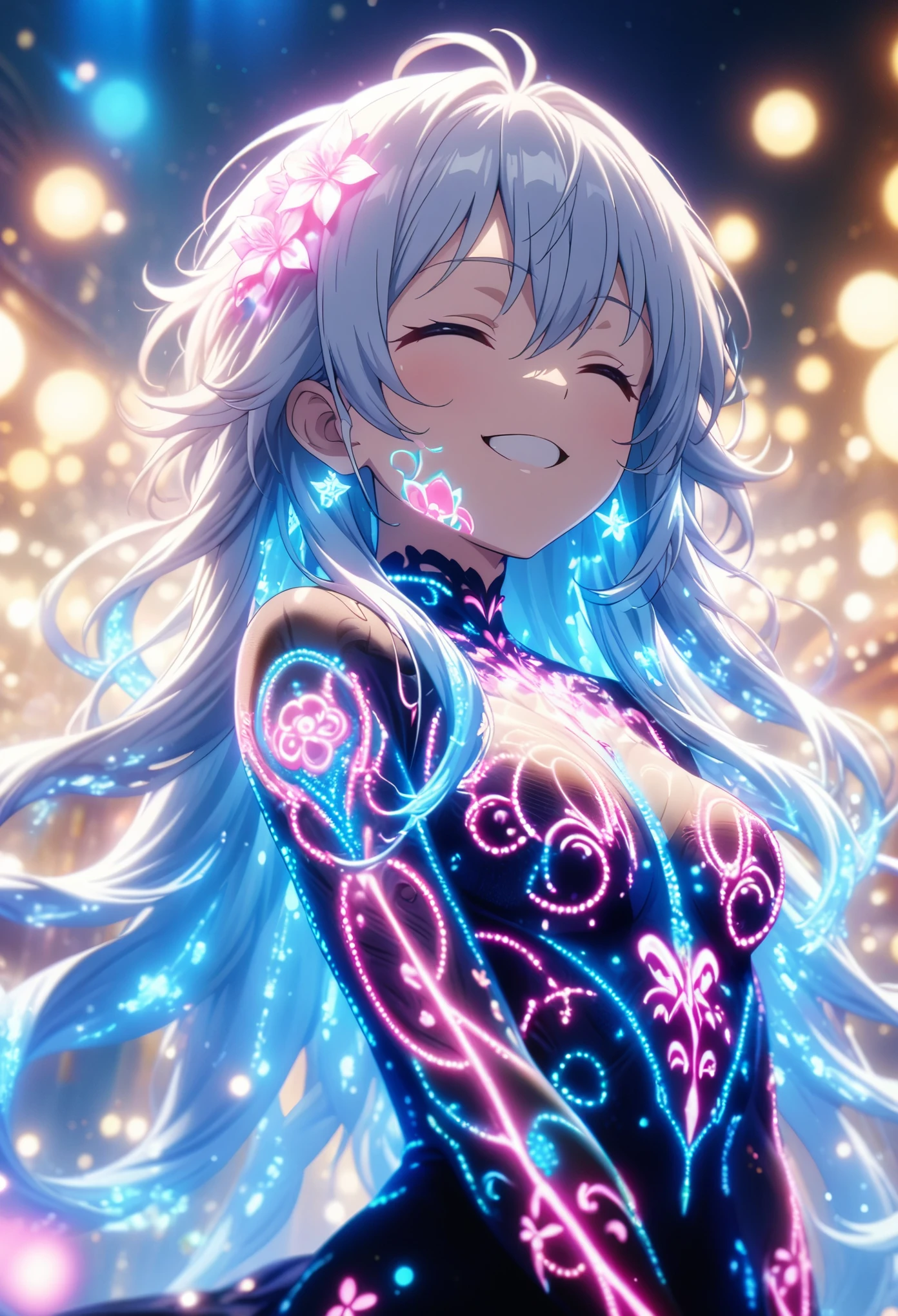 Masterpiece, highest quality, highly detailed CG Unity 8k wallpaper, anime screenshots, female anime character with neon chain. Art of a female anime character with a glowing neon flower tattoo and spiral chains all over her body. This scene with flowing hair has a nice soft focus effect, highlighting the magical glow of the tattoo. He is smiling with his eyes closed and his mouth open. Bokeh photography, (soft focus): 1.2, out of focus highlights, dreamy atmosphere, glowing circles, mesmerizing depth, depth of field