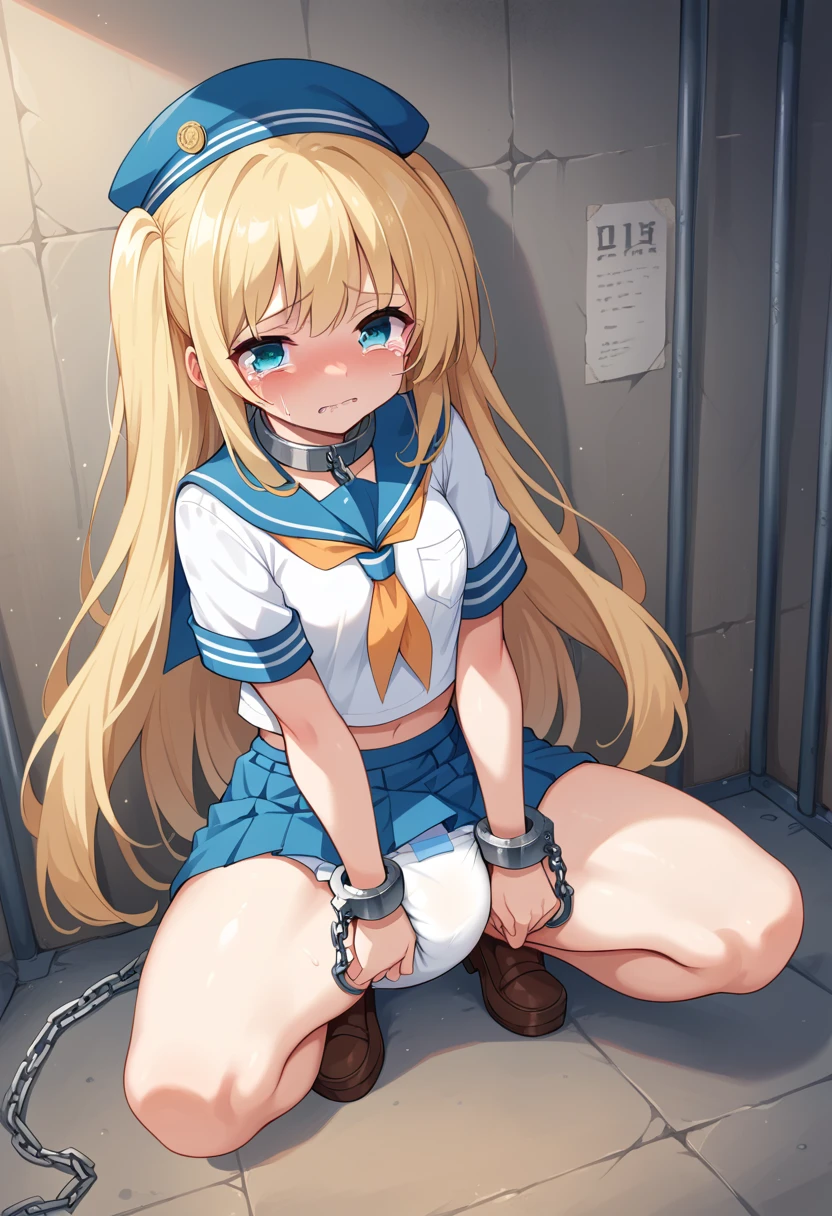 Beautiful long blonde　Girl in sailor suit　  navy blue mini skirt　whole body　diaper　 crouches with her crotch open　 cowboy shot　Chained handcuffs　((Teary-eyed))　Underground Prison　 metal collars in prison