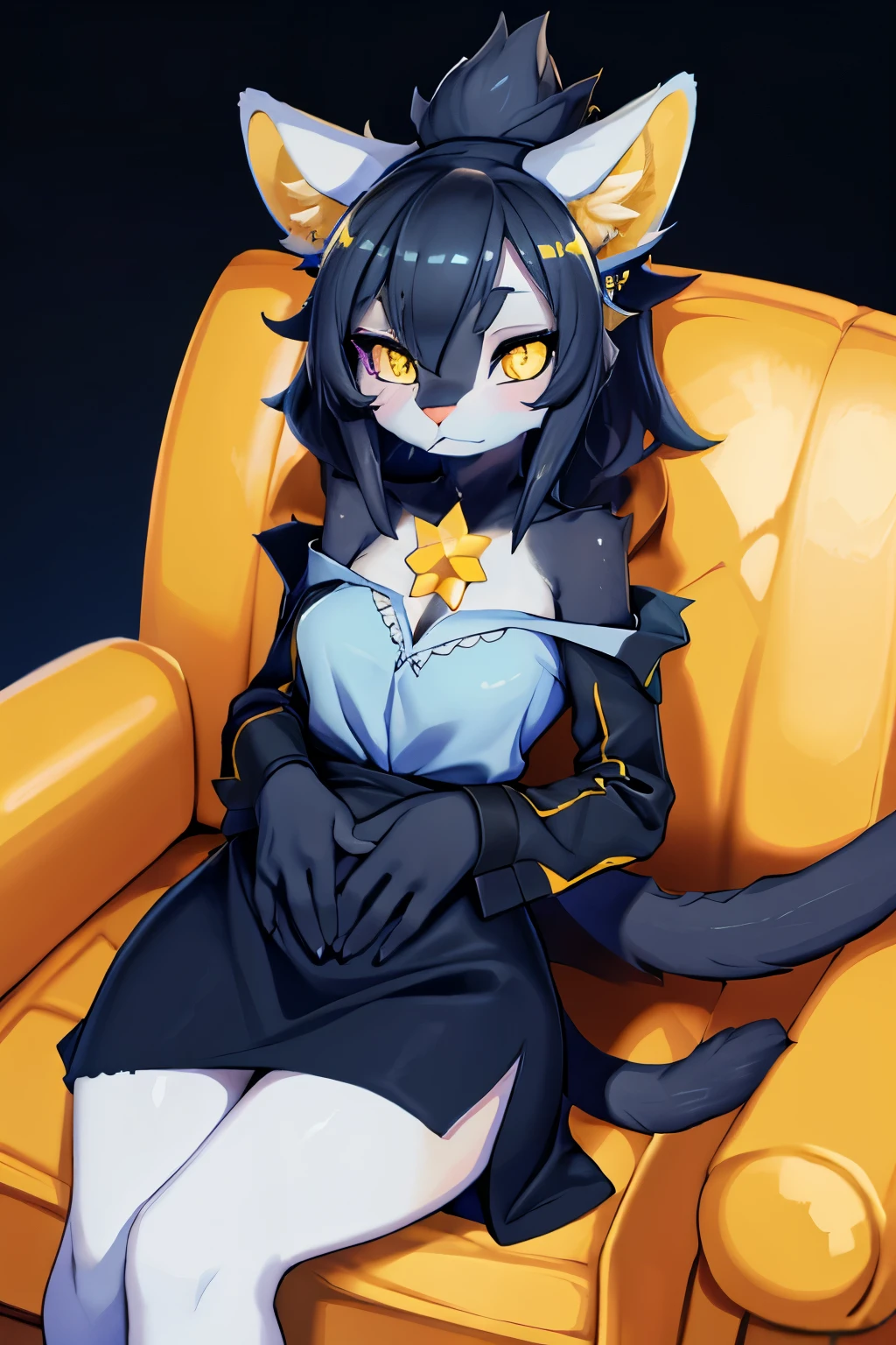 Anthropomorphic lioness girl in an armchair with black and blue fur on her belly and feet, with a black tail and a yellow star at the tip of her tail, yellow eyes with white pupils, blue circular ears, with hairs black spikes on the shoulders and on the head and behind the waist and below the hands, with a long blue blouse with a yellow star pattern