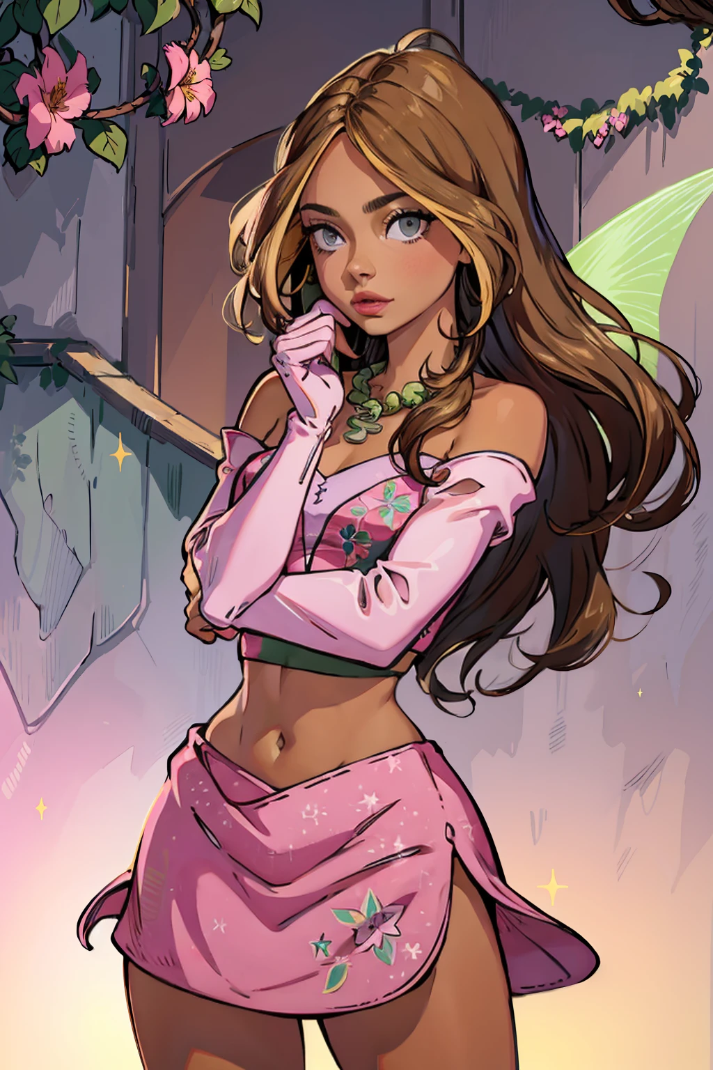 (Flora), (dark skin, brown hair, blonde hair strips, green eyes), (FairyOutfit), (pink dress, two-piece dress, midriff, crop top, navel, bare shoulders, pink gloves, sparkling outfit, flower necklace, green fairy wings), ((pink shirt)), nature background, flowery background, vines, (realistic:1.2), (masterpiece:1.2), (full-body-shot:1),(Cowboy-shot:1.2), neon lighting, dark romantic lighting, (highly detailed:1.2),(detailed face:1.2), (gradients), colorful, detailed eyes, (natural lighting:1.2), (neutral standing pose:1.2), (solo, one person, 1girl:1.5),