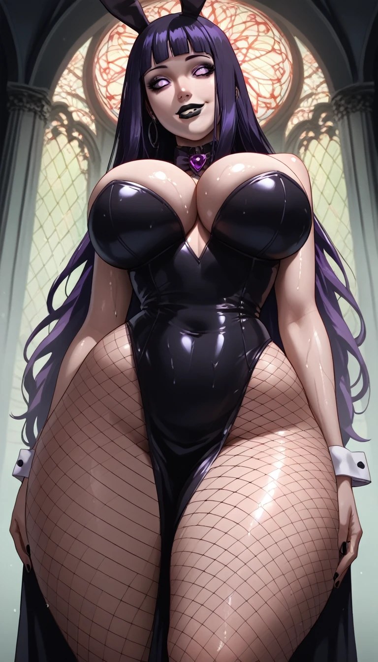 Expressiveh, hinata, hyuuga hinata, perfect face, ((sexy black lips)), sexy, beautiful, ((purple eyes, perfect eyes, no pupils, detailed eyes)), blunt bangs, ((bright violet hair, long hair)), looking at viewer, ((showing thick thighs)), score_9, score_8_up, score_7_up, source_anime, haughty, low angle view, 80swa, shiny skin, wet, oily, sweaty, (((goth))), ((huge breasts)), (small waist), (((wide hips))), ((muscled thighs)), (((thick thighs))), ((pale skin)), huge ass, perfect round ass, ((sexy bunny girl costume)), ((fishnet pantyhose)), tight, evil smile, Expression biting lower lip