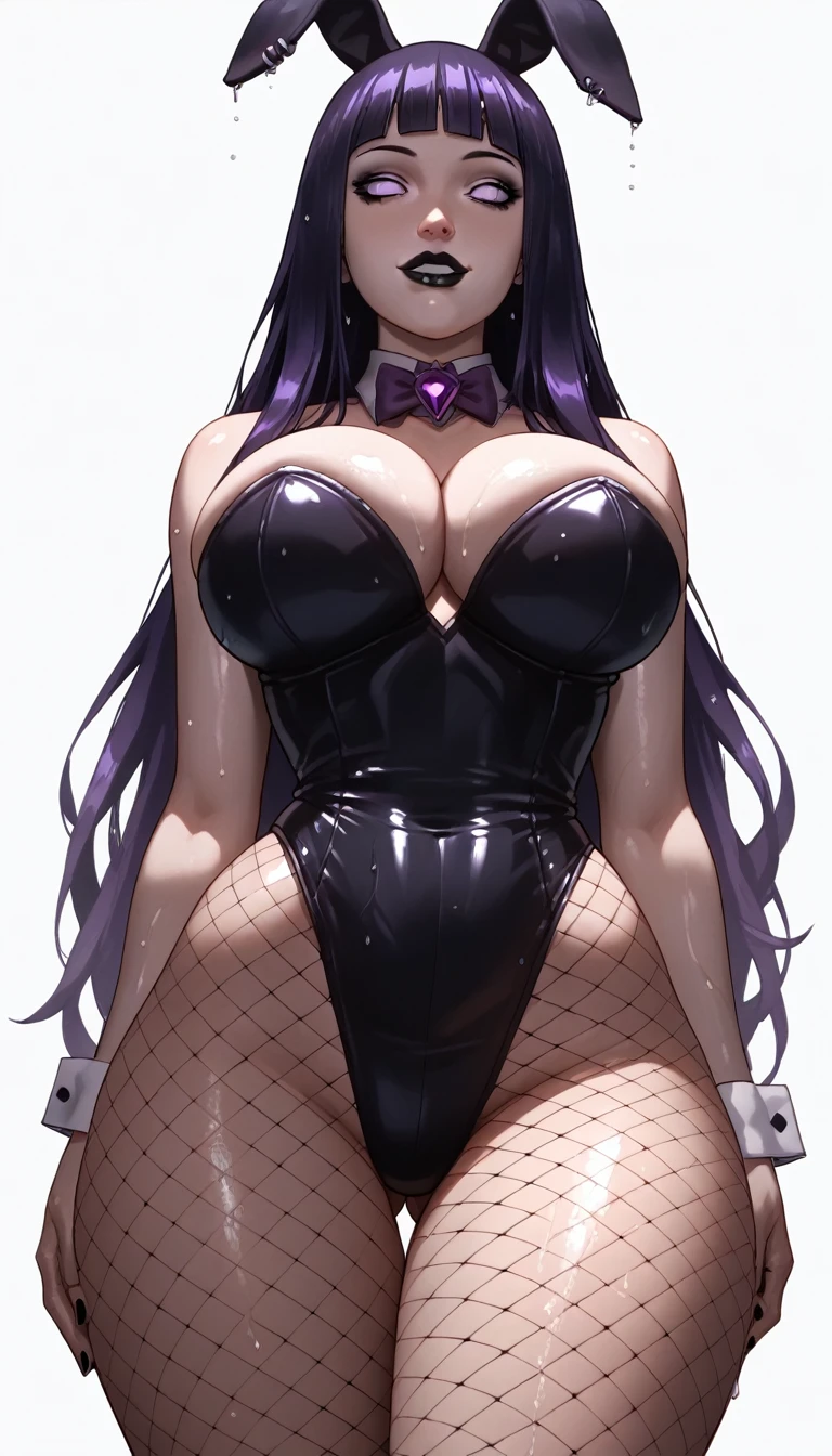 Expressiveh, hinata, hyuuga hinata, perfect face, ((sexy black lips)), sexy, beautiful, ((purple eyes, perfect eyes, no pupils, detailed eyes)), blunt bangs, ((bright violet hair, long hair)), looking at viewer, ((showing thick thighs)), score_9, score_8_up, score_7_up, source_anime, haughty, low angle view, 80swa, shiny skin, wet, oily, sweaty, (((goth))), ((huge breasts)), (small waist), (((wide hips))), ((muscled thighs)), (((thick thighs))), ((pale skin)), huge ass, perfect round ass, ((sexy bunny girl costume)), ((fishnet pantyhose)), tight, evil smile, Expression biting lower lip