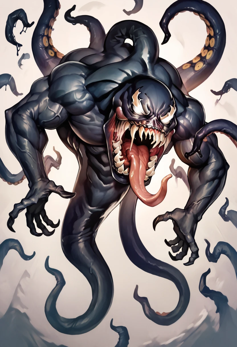 Appearance: Venom would be a grotesque creature, with an appearance similar to that of Venom from the Marvel universe, with shiny black skin, white eyes and sharp teeth. He would have black tentacles that move quickly through the air, as well as sharp claws and a forked tongue that moves quickly, high definition 8k