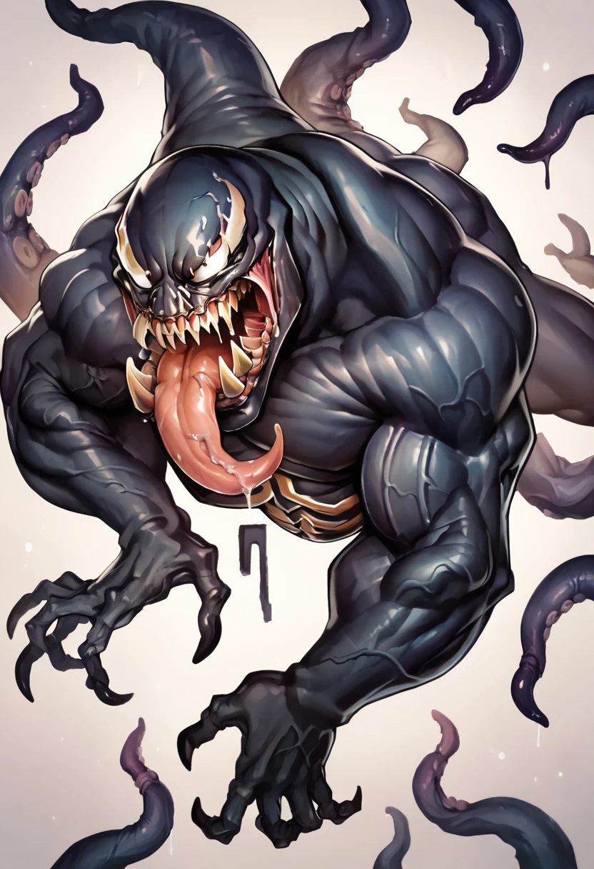 Appearance: Venom would be a grotesque creature, with an appearance similar to that of Venom from the Marvel universe, with shiny black skin, white eyes and sharp teeth. He would have black tentacles that move quickly through the air, as well as sharp claws and a forked tongue that moves quickly, high definition 8k