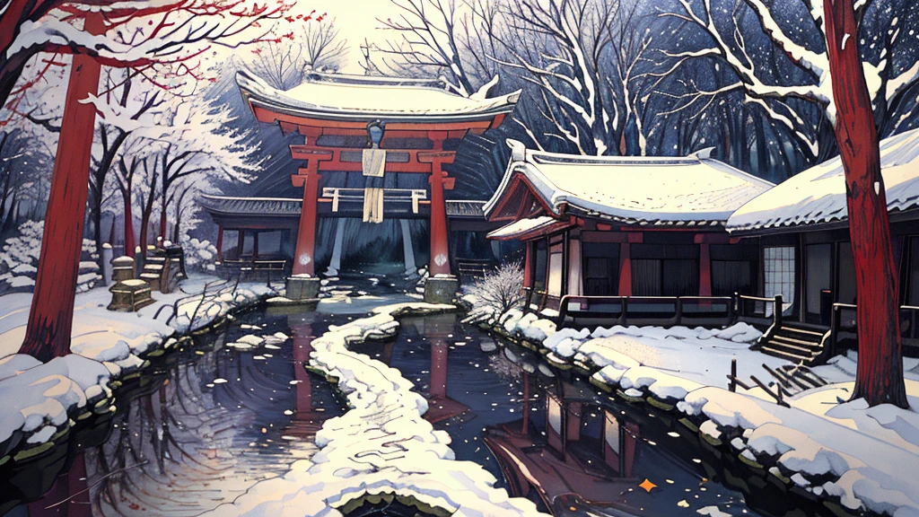 (masterpiece:1.2),  best quality , Pixiv,  Kampala, Super detailed,  Draws Only Scenery Without People （1.7） No Humans Appear , Humans not included,
 First visit of the Japan、 The grounds of a huge shrine、 Visit Izumo Taisha 、Visit Ise Jingu Shrine 、Visit Ishigami Shrine 、A giant shimenawa and an offering box、A large votive plaque is drawn on the right side of the screen、
 Sacred Atmosphere 、Stinging Cold Air 、 Snow Is Falling 、
 Beautiful Light of the Spirit of the Rising Sun Shines In 、 Natural Beauty Surprise Magical Snow Makeup Leaves Snow Piling Up Forest Light Effects Mysterious Atmosphere Shadow Composition Another World Experience