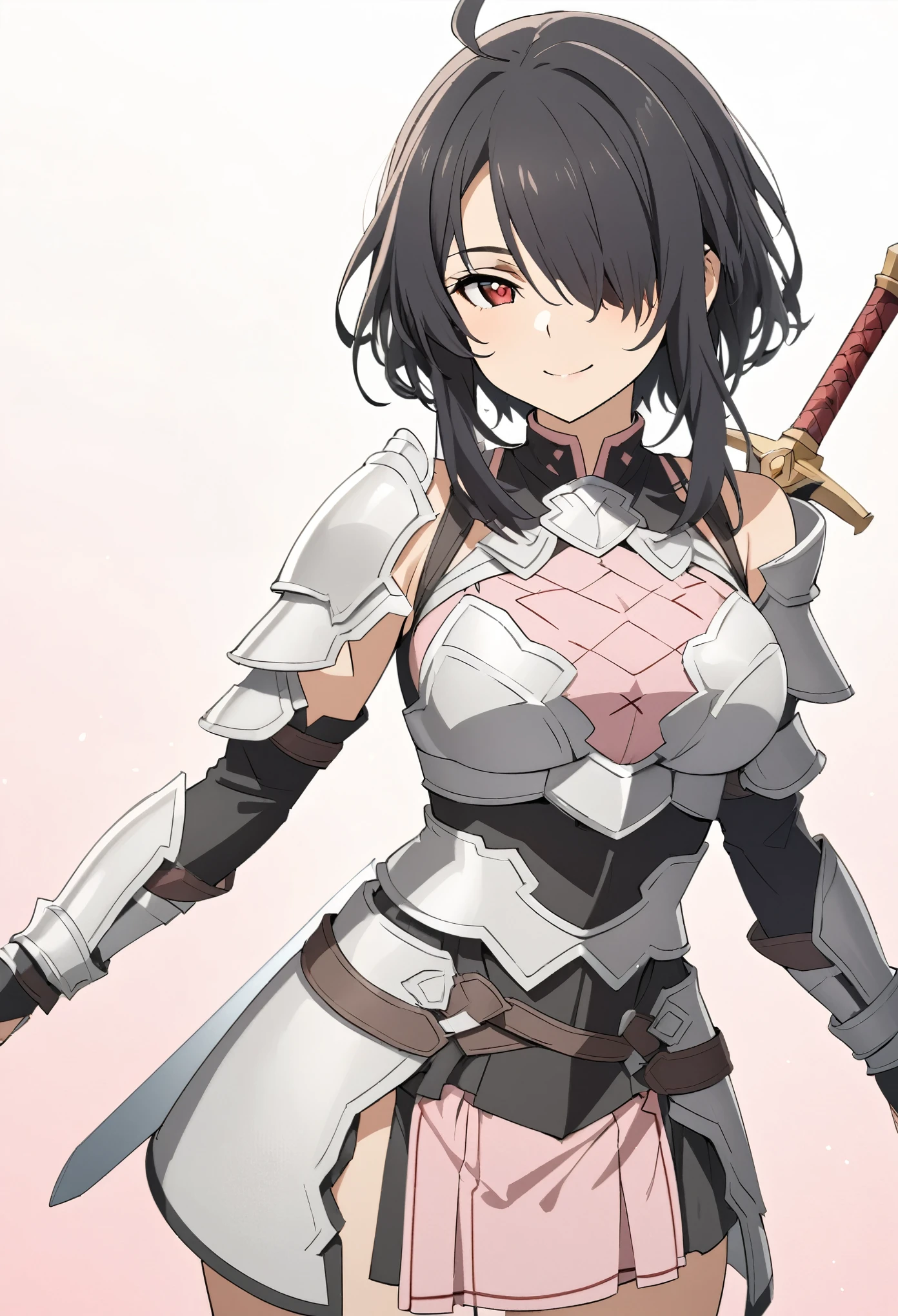 (high-quality, breathtaking),(expressive eyes, perfect face) 1girl, female, solo, mature, half open eyes, Alicization, Symmetrical Eyes, simple background, gentle smile, long hair, fantasy outfit, SAO inspired, maomao, armor, sword art online outfit, cowboy shot, medium full shot, black hair color, bangs, alluring red eyes, large breasts, knight attire, Bicep-high Gauntlets, Armored Boots, Thigh-high Heeled Boots, Armored Gauntlets, Adventurer gear, Skirt, black white and pink color palette, black clothes, light pink accents on clothes, hair between eyes, short black hair, half open eyes, hair over one eye, small Ahoge, bright red eye color, short hair, (NO braids in hair)