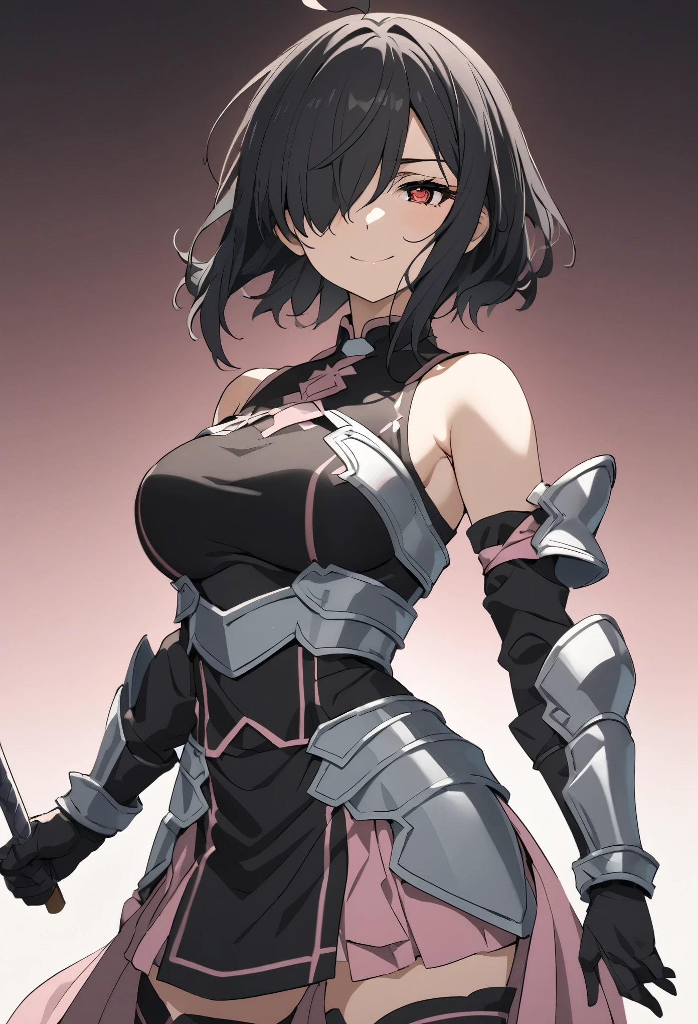 (high-quality, breathtaking),(expressive eyes, perfect face) 1girl, female, solo, mature, half open eyes, Alicization, Symmetrical Eyes, simple background, gentle smile, long hair, fantasy outfit, SAO inspired, maomao, armor, sword art online outfit, cowboy shot, medium full shot, black hair color, bangs, alluring red eyes, large breasts, knight attire, Bicep-high Gauntlets, Armored Boots, Thigh-high Heeled Boots, Armored Gauntlets, Adventurer gear, Skirt, black white and pink color palette, black clothes, light pink accents on clothes, hair between eyes, short black hair, half open eyes, hair over one eye, small Ahoge, bright red eye color, short hair, (NO braids in hair)