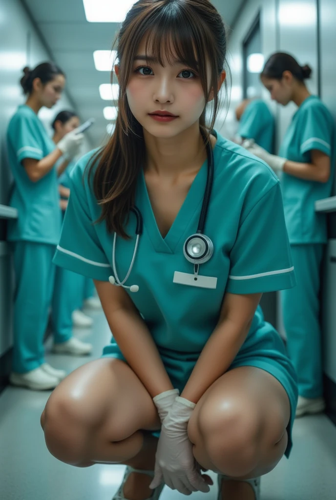 Photo of a young and attractive 25 year old nurse,  beautiful Japanese women , Porn actress dressed as a nurse, Squat deeply:1.5, ターコイズブルーの nurse uniform:1.331, Short sleeve nurse uniform:1.331, Nurse Skirt:1.331, Big Breasts, Ample breasts,  Sexy Body , Slender body:1.6, clavicle:1.21, Hip bone:1.21, rib cage:1.21, Slender body:1.6,  Thin Waist, Brown Hair, Low ponytail hair,  hang your bangs for a long time, :1.21, Stethoscope around neck, Realistic stethoscope, Wearing medical rubber gloves:1.21, Name tag around neck,  sexy smile , Unbutton jacket, Lace bra visible,  Big Breasts , In a dark and cold examination room, background, Countless nurses are performing medical activities, Dramatic and realistic cinematic lighting,