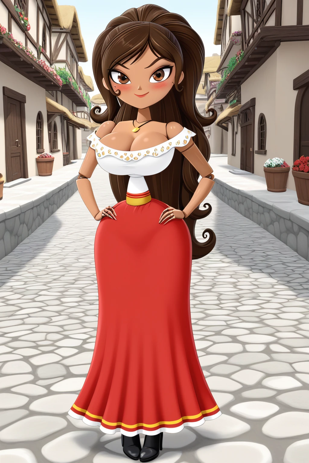 1girl, long hair, ponytail, joints, dark skin, Brown Hair, village, day, embarrassed face, smile, super blushing, Big breasts, dark skin, solo, 1 girl, looking at viwer, front view, standing, wood skin, necklace, cleavage, bare shoulders, off shoulder, white blouse, red skirt, Long skirt, black boots heels, Brown skin, pov front view, front view, sexy body, front view, pov front view, hand on hip