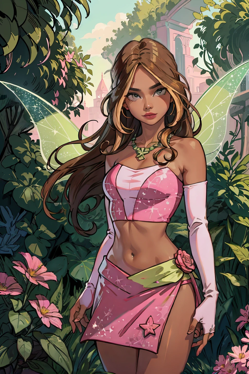 (Flora), (dark skin, brown hair, blonde hair strips, green eyes), (FairyOutfit), (pink dress, two-piece dress, midriff, crop top, navel, bare shoulders, pink gloves, sparkling outfit, flower necklace, green fairy wings), ((pink shirt)), nature background, flowery background, vines, (realistic:1.2), (masterpiece:1.2), (full-body-shot:1),(Cowboy-shot:1.2), neon lighting, dark romantic lighting, (highly detailed:1.2),(detailed face:1.2), (gradients), colorful, detailed eyes, (natural lighting:1.2), (neutral standing pose:1.2), (solo, one person, 1girl:1.5),