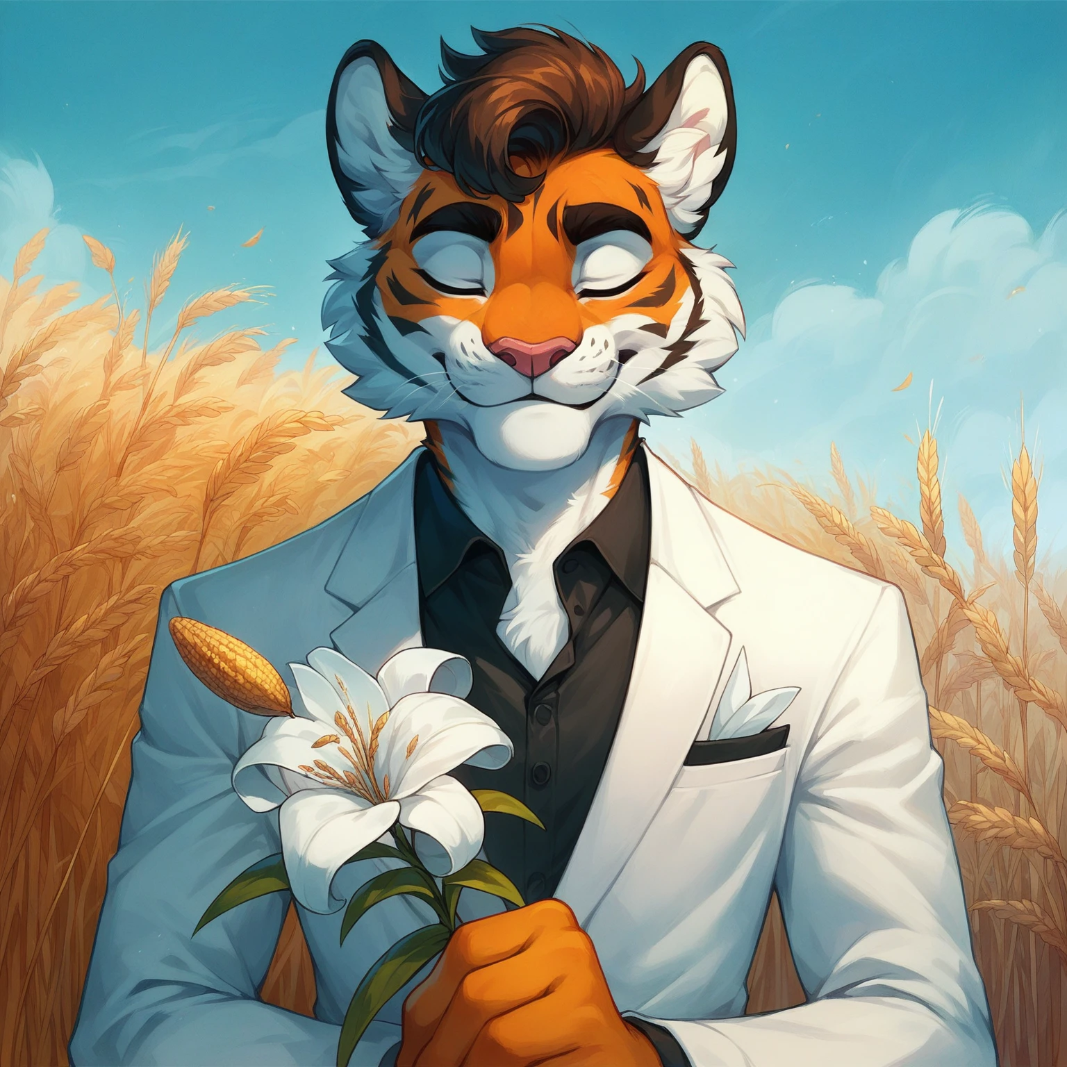 until, DETAILED, Better quality: From a tiger , young, chico, Alone, with hairstyle, Pompadour,.. attire: white suit, black shirt,.. pose: holding a daffodil ,  with eyes closed in a wheat field.