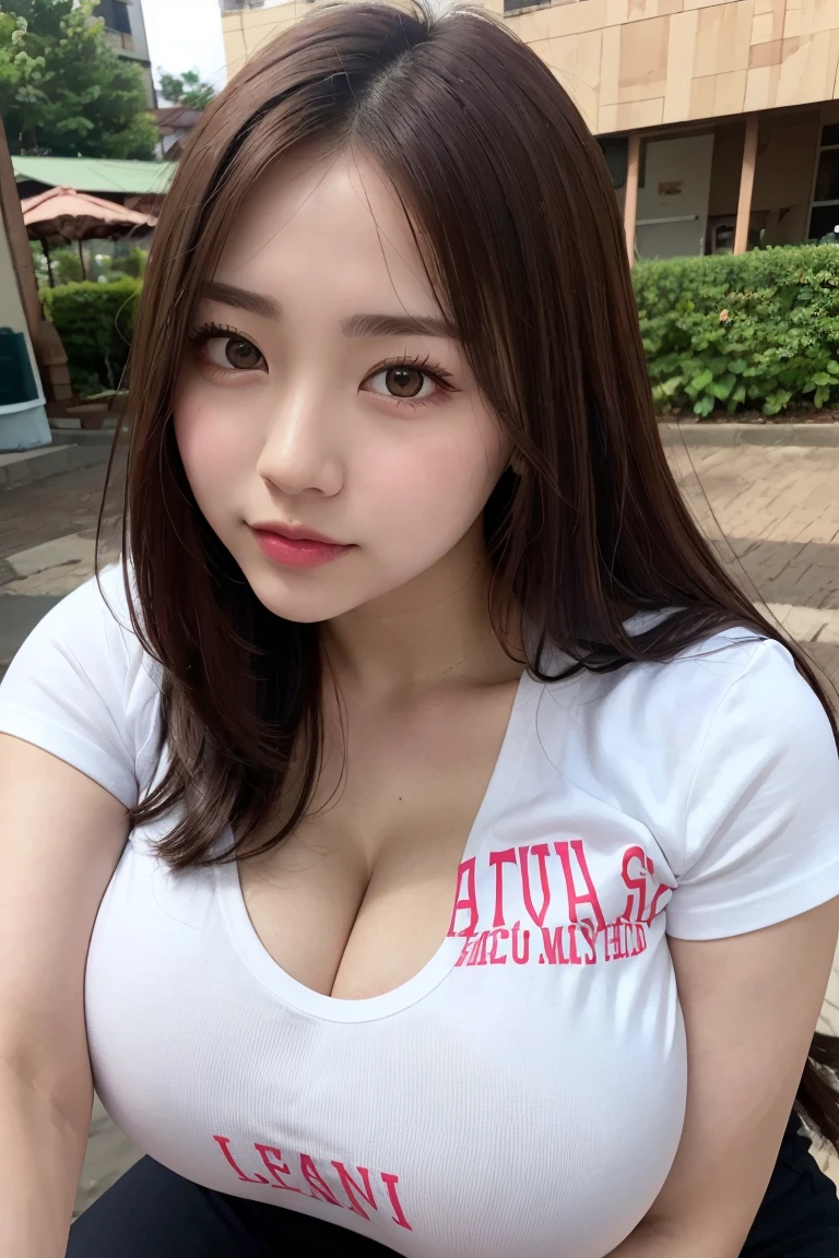 masterpiece, best quality ,Super detailed, Kampala,((Huge breasts :1.3)), ((( dazzling white skin))), moist lips, (((straight long hair))),Innocent big eyes,  Highly detailed eyes ,(((Photo from the front))),(((low angle))),(girl wearing a pink t-shirt),(smile slightly),(Chubby:1.2),(((brown hair)))