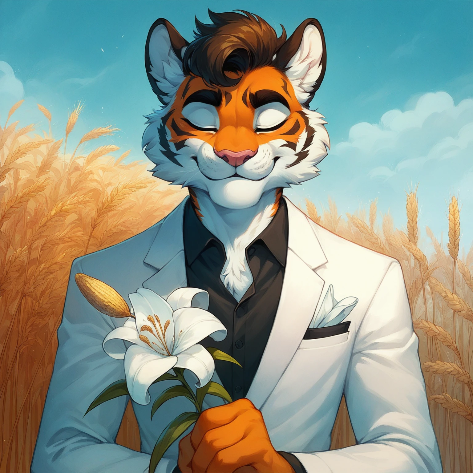 until, DETAILED, Better quality: From a tiger , young, chico, Alone, with hairstyle, Pompadour,.. attire: white suit, black shirt,.. pose: holding a daffodil ,  with eyes closed in a wheat field.