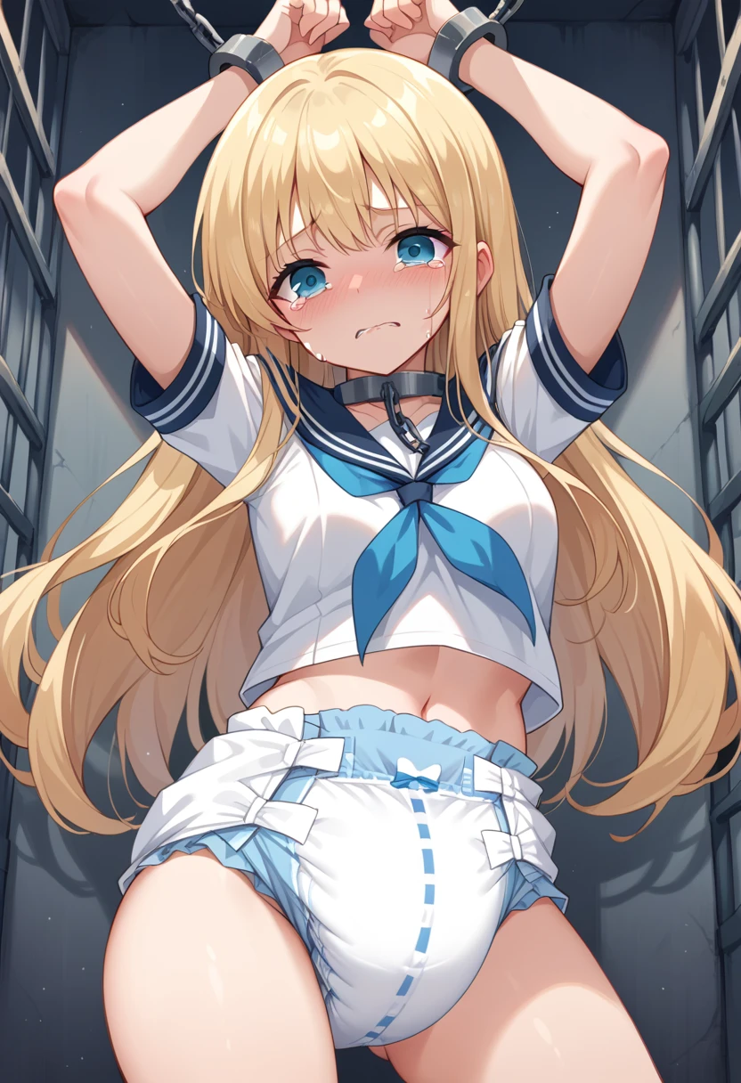 Beautiful long blonde　Girl in sailor suit　  Navy Blue Miniskirt 　whole body　diaper　 crouches with her crotch open　 cowboy shot　Chained handcuffs　((Teary-eyed))　Underground Prison　 metal collars in prison