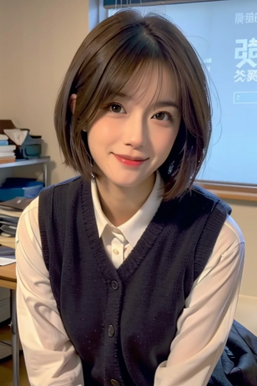 cute 21 year old japanese、School、University、During class、super detail face、pay attention to details、double eyelid、beautiful thin nose、sharp focus:1.2、Beautiful woman:1.4、(light brown hair,short hair、),pure white skin、highest quality、masterpiece、ultra high resolution、(Photoreal:1.4)、Highly detailed and professional lighting、nice smile、Show the whole body、cute colorful winter clothes、