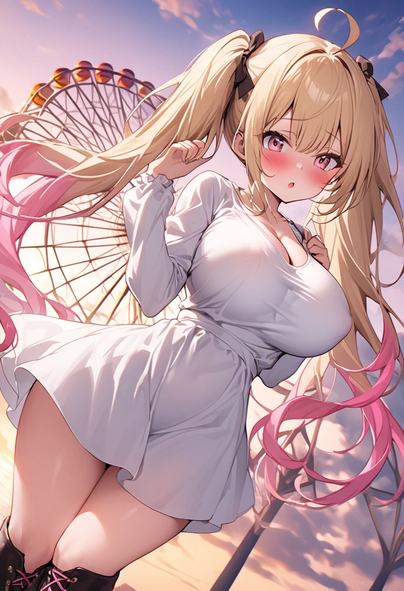 Best Quality、 side angle 、One Girl、whole body、sunset、Ferris Wheel、Do you know the silhouette of the body、White long sleeve dress、boots、ショートboots、blonde to pink gradient hair、 twin tails、Ahoge、blush、Pale pink eyes、 Thin Waist、Long, slender legs、 cleavage、Round Breasts、Big Breasts、Huge breasts、Saggy breasts、Disproportionate breasts