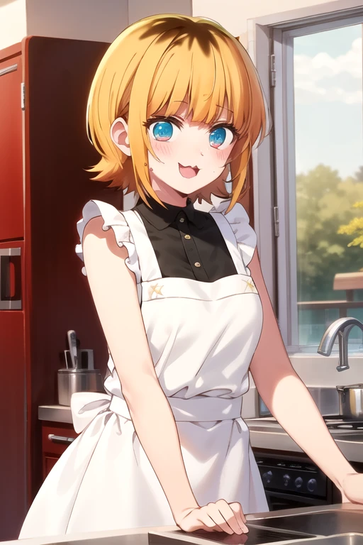  Best quality ,  masterpiece, detailed,
MEMcho,
open mouth, :3, smile, blush leve,
short hair, Blonde hair,  multicolored hair , aquatic eyes ,  cropped fringe , Bright,
Short accented neckline kitchen apron 
standing,  Looking at the spectator,
 inside the house 