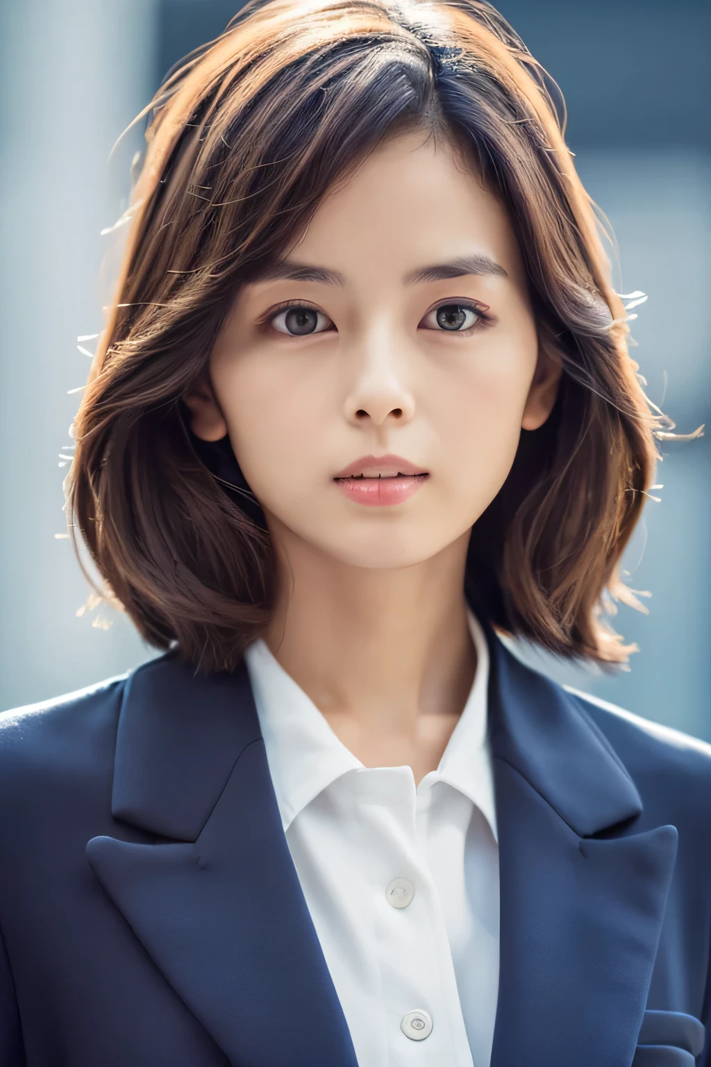 ((whole body,Navy Suit, jacket, white shirt ))Japanese, Petite women, Physical build, , Long look, A fleeting atmosphere, Age 30, Brown Bob Hair, ((Thin lips)),  whole body,necessity,  best quality , Detailed skin, Detailed face, Detailed eyes, 8k, Good anatomy,  upper body portrait 