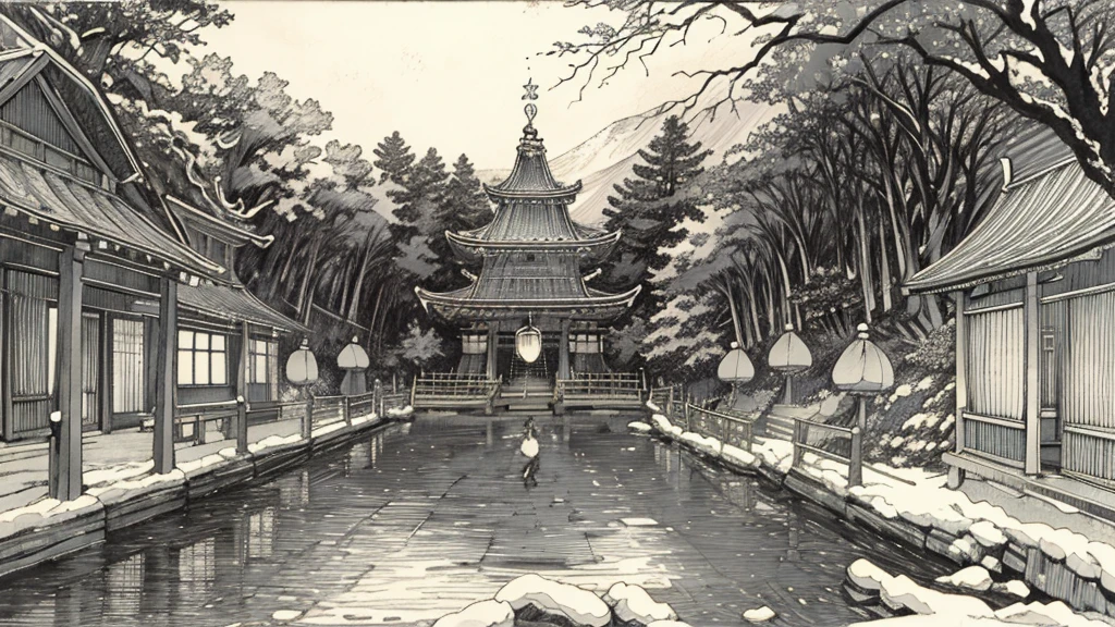 (masterpiece:1.2),  best quality , Pixiv,  Kampala, Super detailed,  Draws Only Scenery Without People （1.7） No Humans Appear , Humans not included,
 First visit of the Japan、 The grounds of a huge shrine、 Visit Izumo Taisha 、Visit Ise Jingu Shrine 、Visit Ishigami Shrine 、A giant shimenawa and an offering box、A large votive plaque is drawn on the right side of the screen、
 Sacred Atmosphere 、Stinging Cold Air 、A large shrine in nature at a deep mountaintop 、Cobblestones、、
 Beautiful Light of the Spirit of the Rising Sun Shines In 、 natural beauty, surprising magic, midwinter, forest, light effect, mystical atmosphere, shadow composition, otherworldly experience