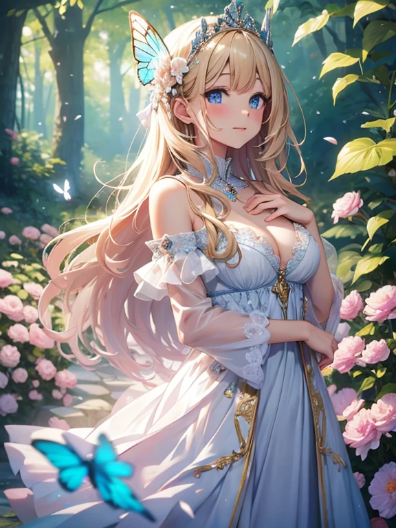 ((anime artstyle)),(Masterpiece),(Best Quality), (Super Detail),((Very Delicate and Beautiful)),Focus on character,Dynamic Angle,Looking at viewer,((Solo)),standing,((full body)),((one fairy tale princess in gorgeous ball gown with voluminous skirt)),detailed face and eyes,(fairy wings),jewel-like eyes,((Very Long voluminous Hair)),gorgeous embroidery and lace,See-through,ornate ruffles,Gorgeous jewelry ornaments,luxury hair ornament,luxury tiara with jewels,(gigantic breasts,Long breasts),full body,outdoor,((fairy tale forest)),fairy tale atmosphere,jeweled ball gown,(((gorgeous ball gown with voluminous skirt))),