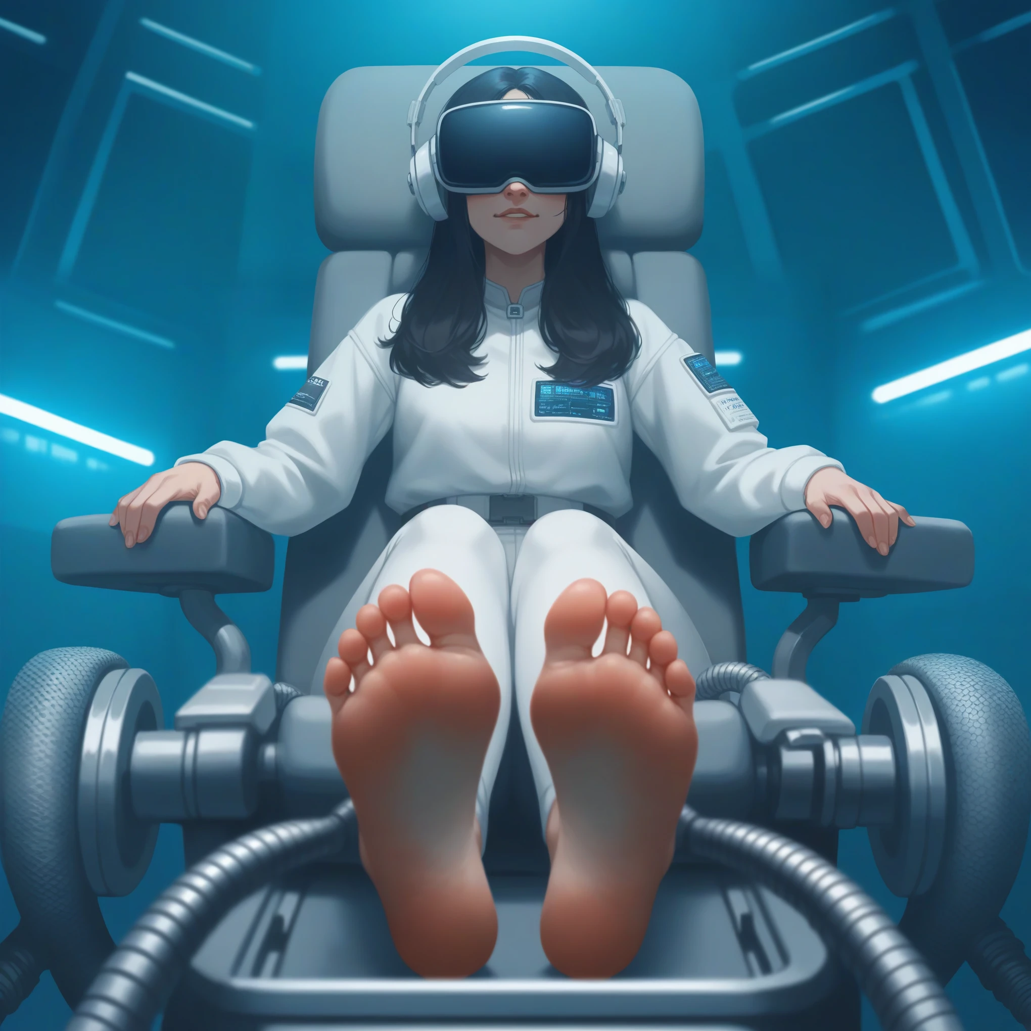 Female researcher, wearing a vr headset, seated in a futuristic lounge chair, barefoot, ankles restrained, soles exposed, soles visible, sexy feet, her soft soles are brushed by machinery, bristled foot tickler devices, inside a metal laboratory.