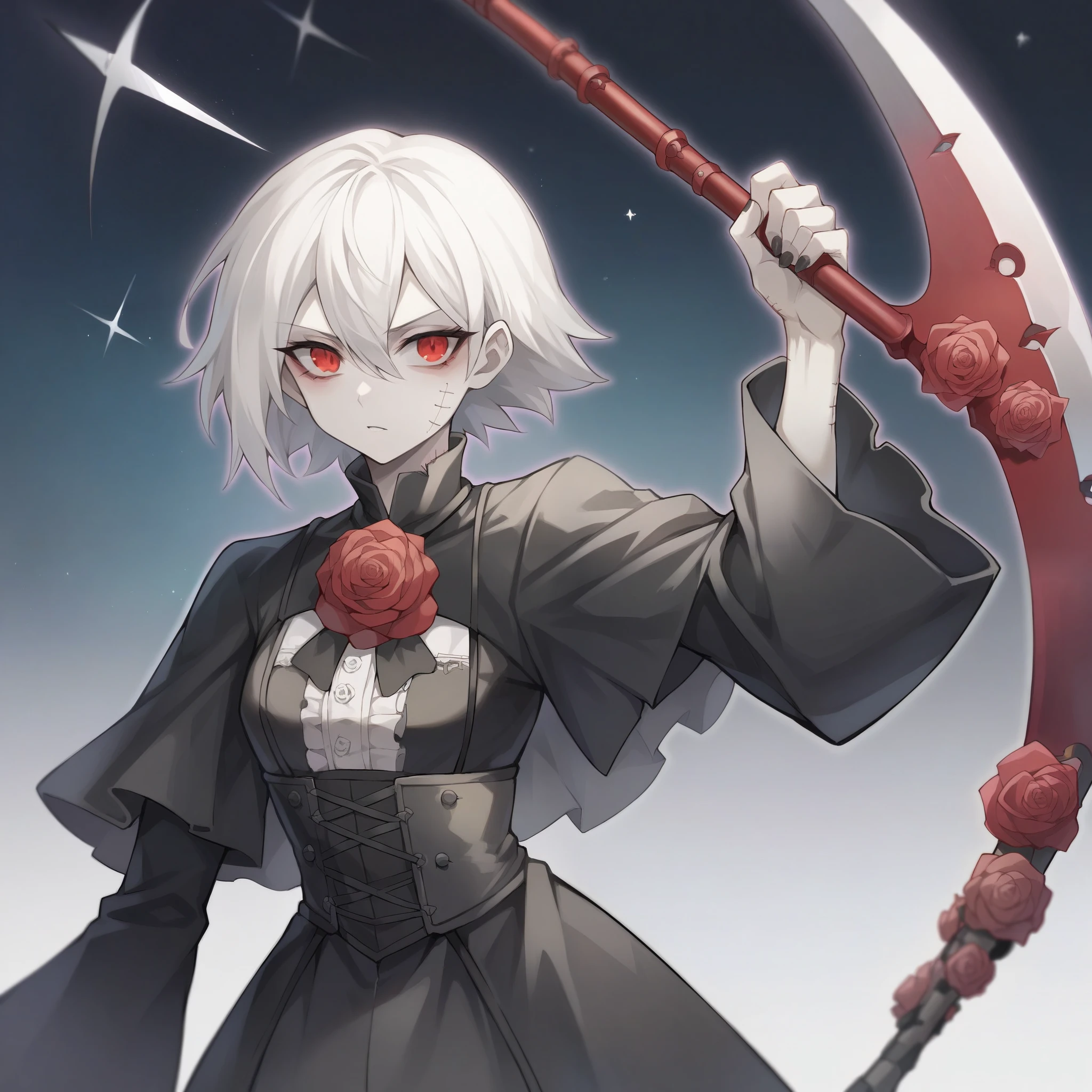 anime girl, solo, 4k absurdres, illustration, yugioh artstyle, glowing outline, gothic lolita, black clothing, pale skin, white hair, red eyes, dynamic pose, rose scythe,white roses,scythe thorn handle, dark void background,stars,patchwork styling
