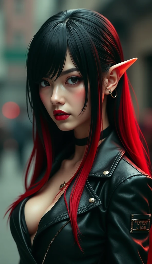 Unreal Engine:1.4,UHD, The best quality :1.4, photorealistic:1.4, skin texture:1.4,  masterpiece :1.8, 18 year old female, Red mesh hair over black hair,  long hair ,  straight hair ,  , Comic appearance，(Apocalyptic City of Fire),(cyberpunk:1.4),( The best quality ,4k,high resolution), Red highlights in black hair,  long hair ,  straight hair , Transformative woman,One，cold eyes ,sharp eye，anguished gaze，Bright red eyes，Improved facial expression，，Change the appearance of a transformation，beast，Bestialization，Evil fight，Buttle，Delicate illustrations drawn in detail，Torn clothes with decoration，Disheveled clothes，Realistic depiction， vibrant colors，expressive，Classic background